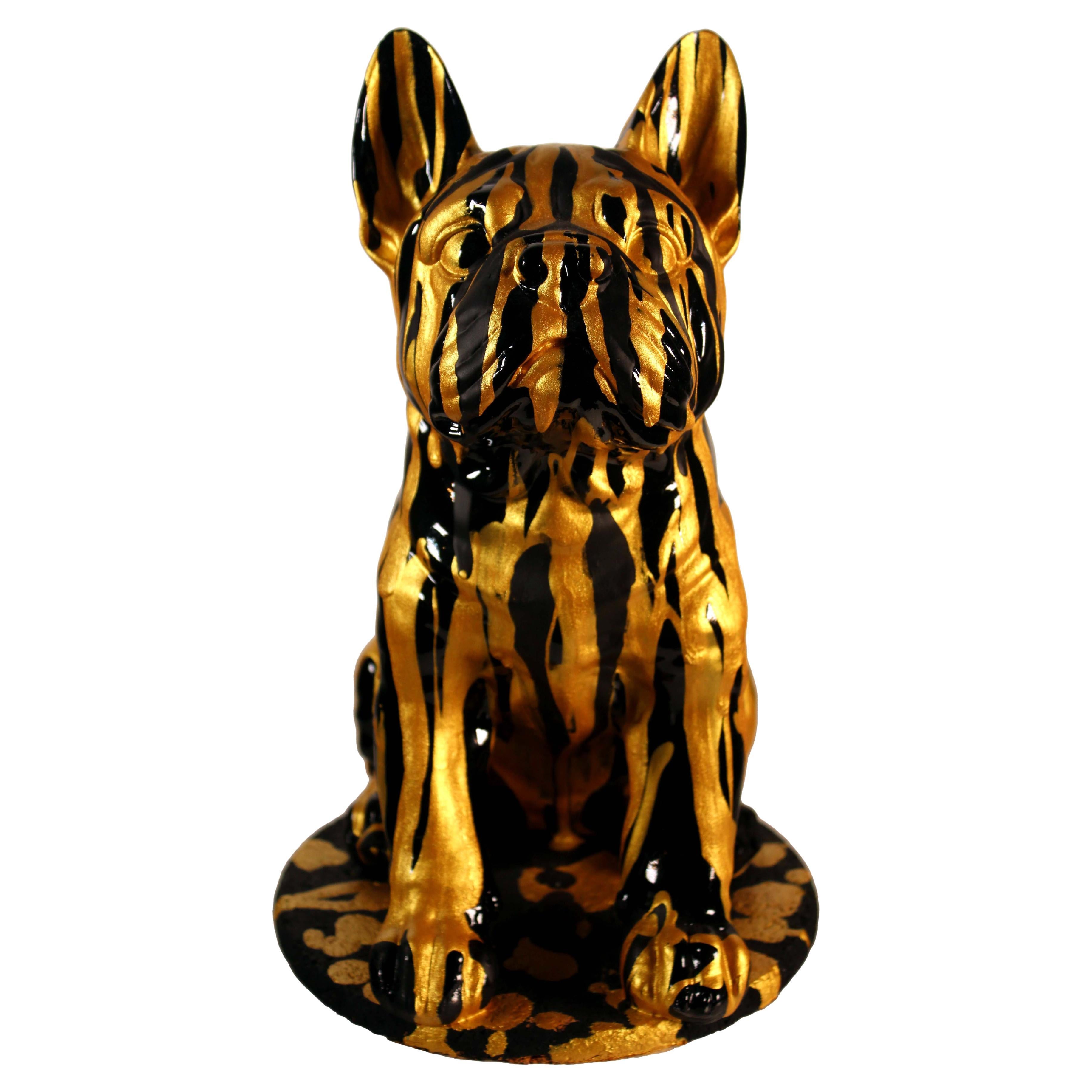 Modern Ceramic Sculpture Frenchie Gold Drip Homage to Godiva For Sale