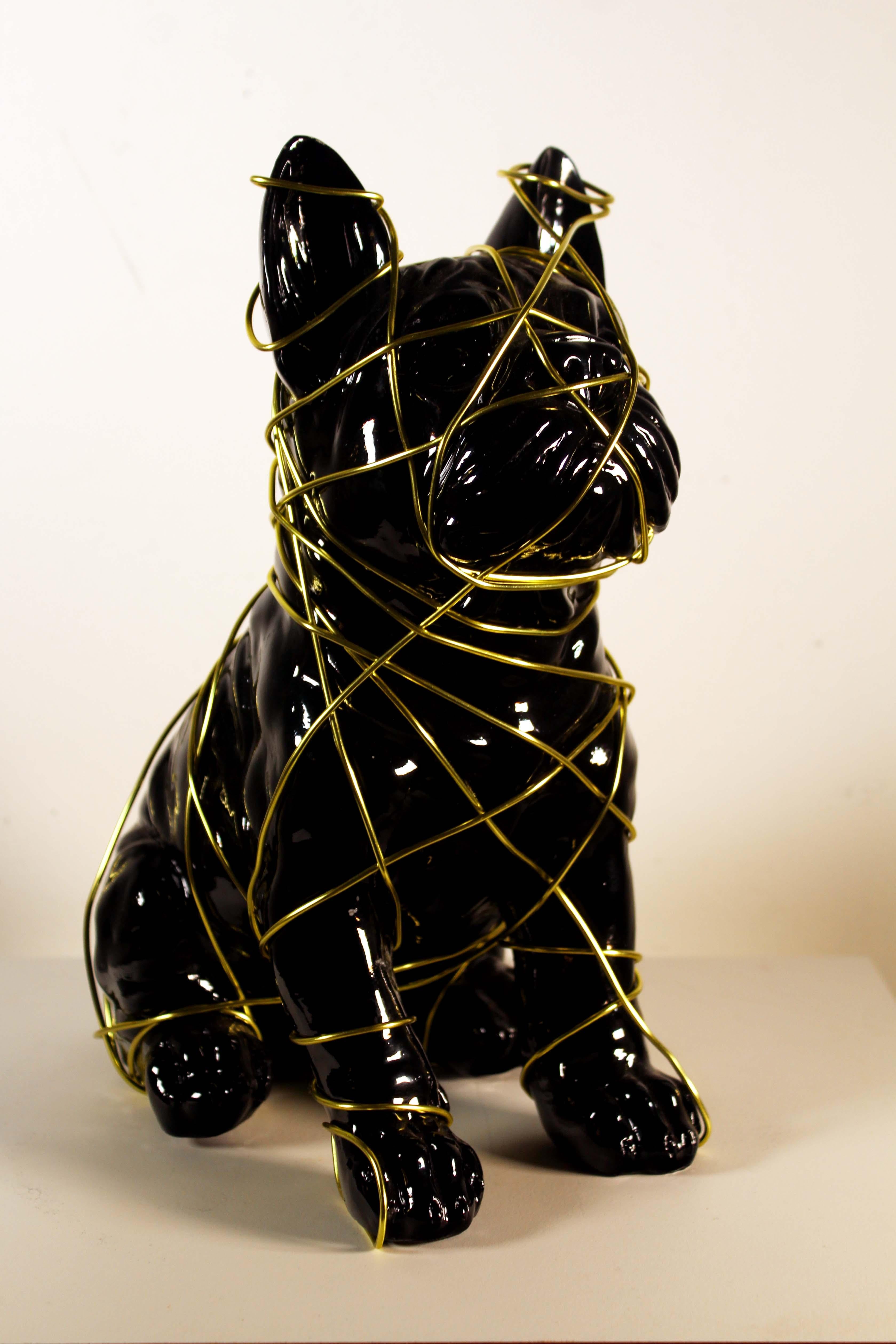 This lovely Frenchie Dog Neon with wire sculpture homage to Dan Flavin up for consideration. The black and the yellow wire work beautifully with each other and gives the piece a nice contradiction of depth. 
Dimensions: 6
