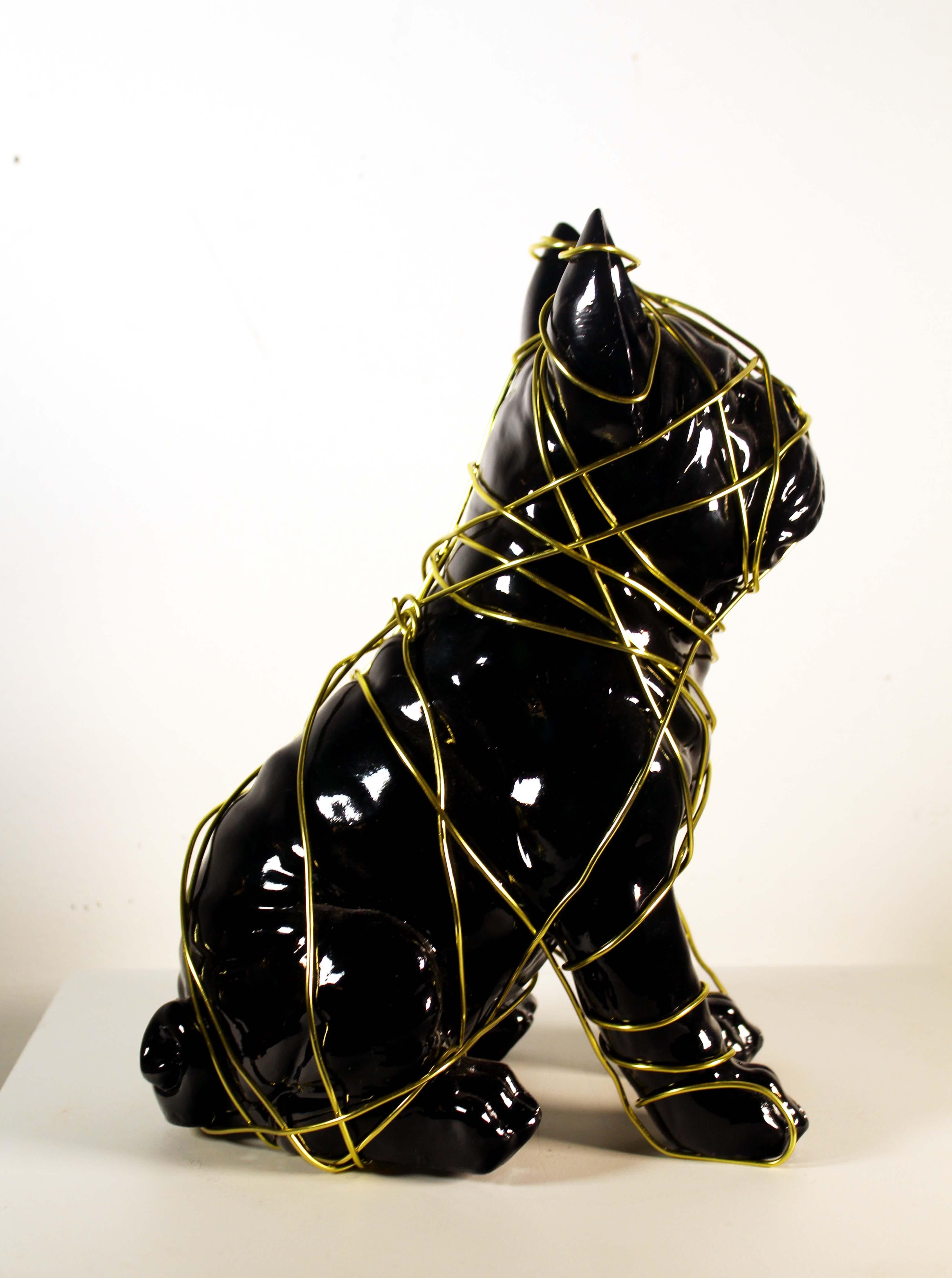 Modern Ceramic Sculpture Frenchie Neon with Wire Homage to Dan Flavin In Good Condition For Sale In Keego Harbor, MI