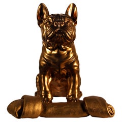 Modern Ceramic Sculpture Frenchie Title 24k Gold Bone Homage to Damien Hirst