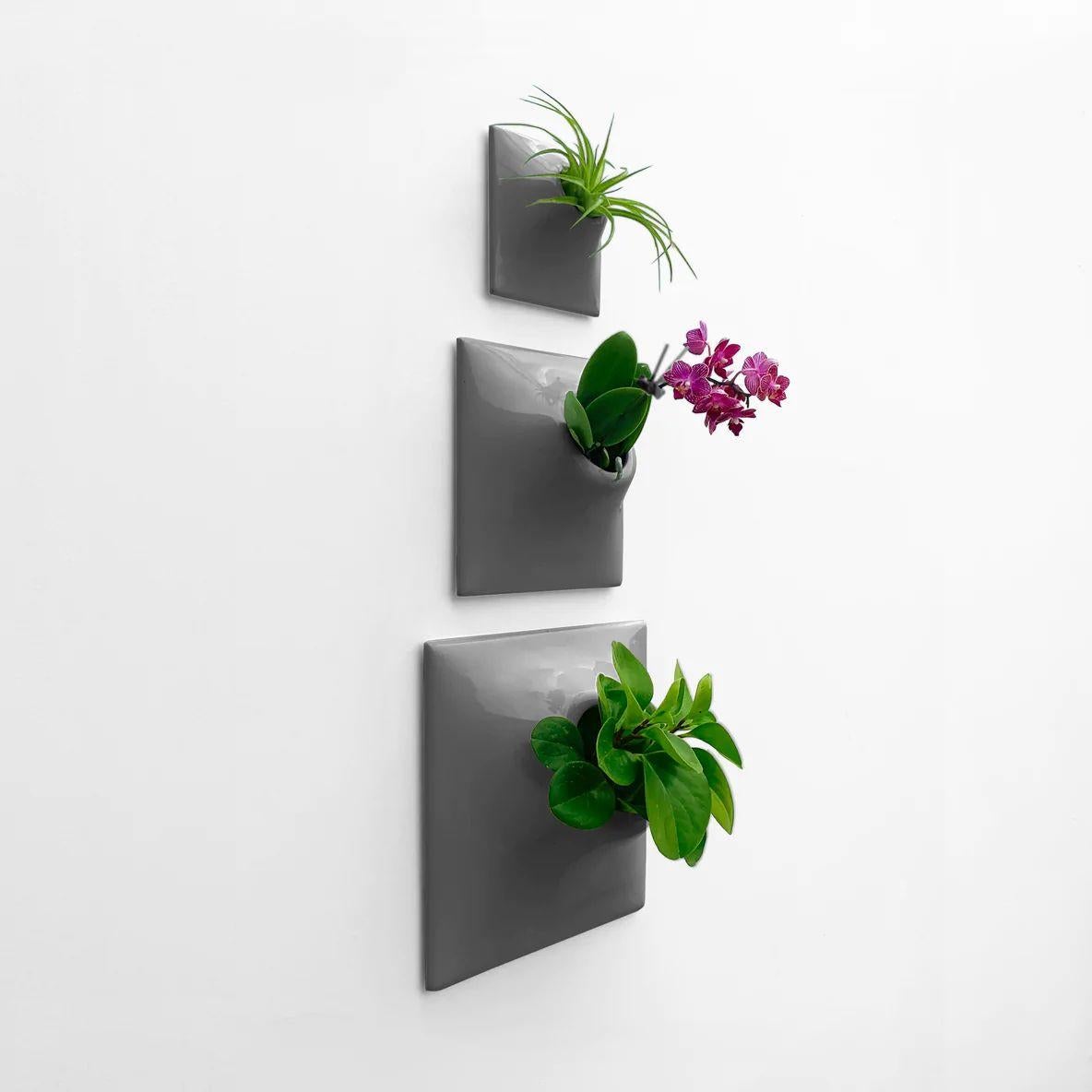 Glazed Modern Gray Wall Planter Set, Mid Century Modern Decor, Plant Wall Art, Node TPD For Sale