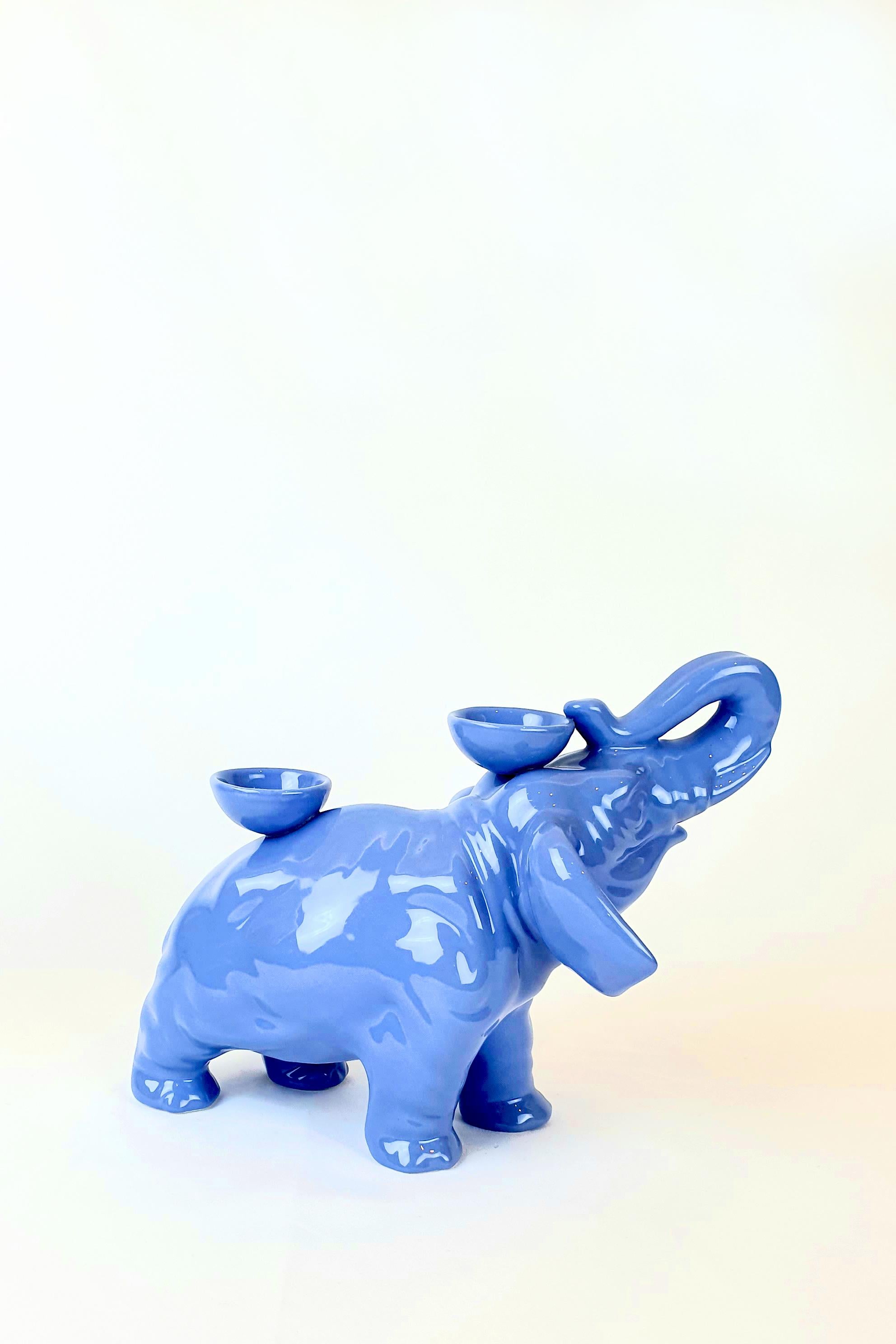 Arts and Crafts Modern Ceramica Gatti 1928 Ceramic Light Air Force Blue Elephant Candle Holder  For Sale