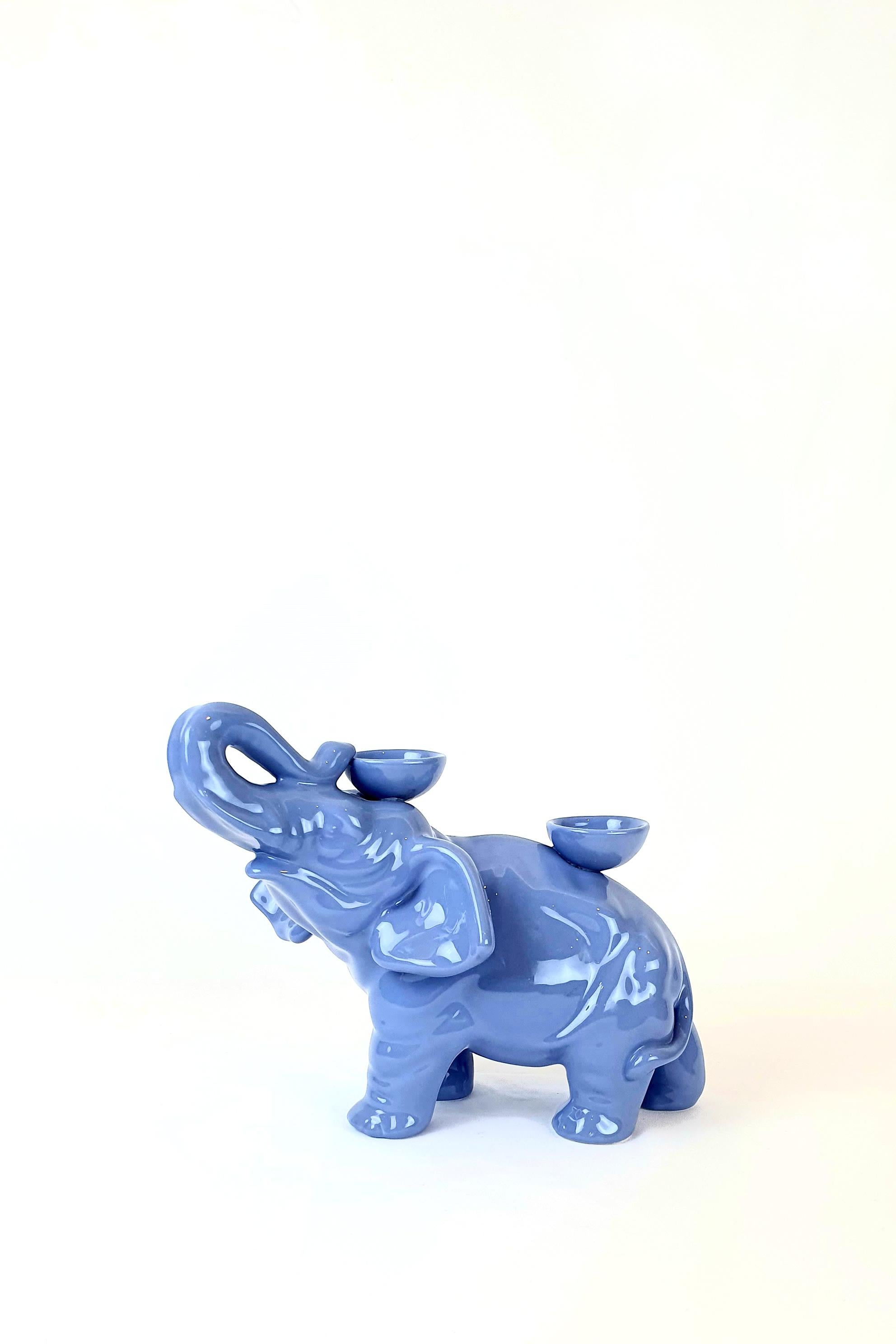 Italian Modern Ceramica Gatti 1928 Ceramic Light Air Force Blue Elephant Candle Holder  For Sale