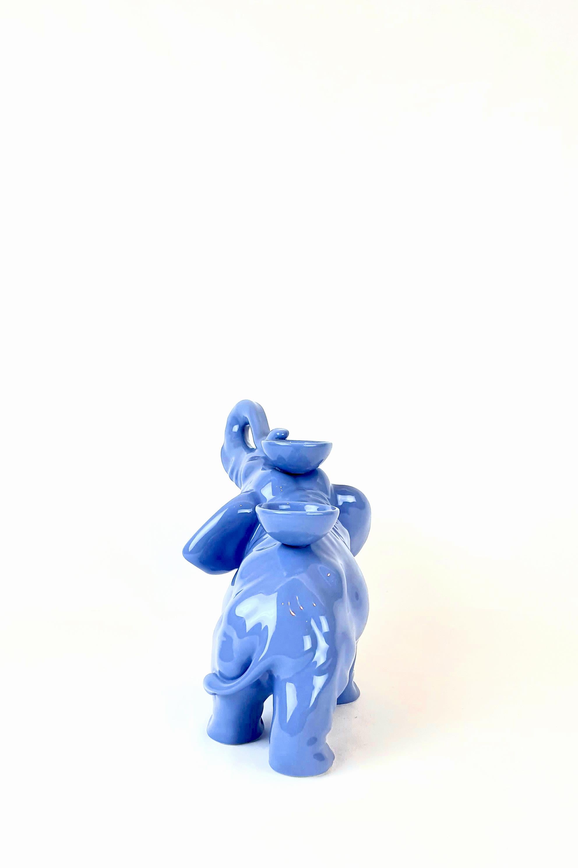 Enameled Modern Ceramica Gatti 1928 Ceramic Light Air Force Blue Elephant Candle Holder  For Sale