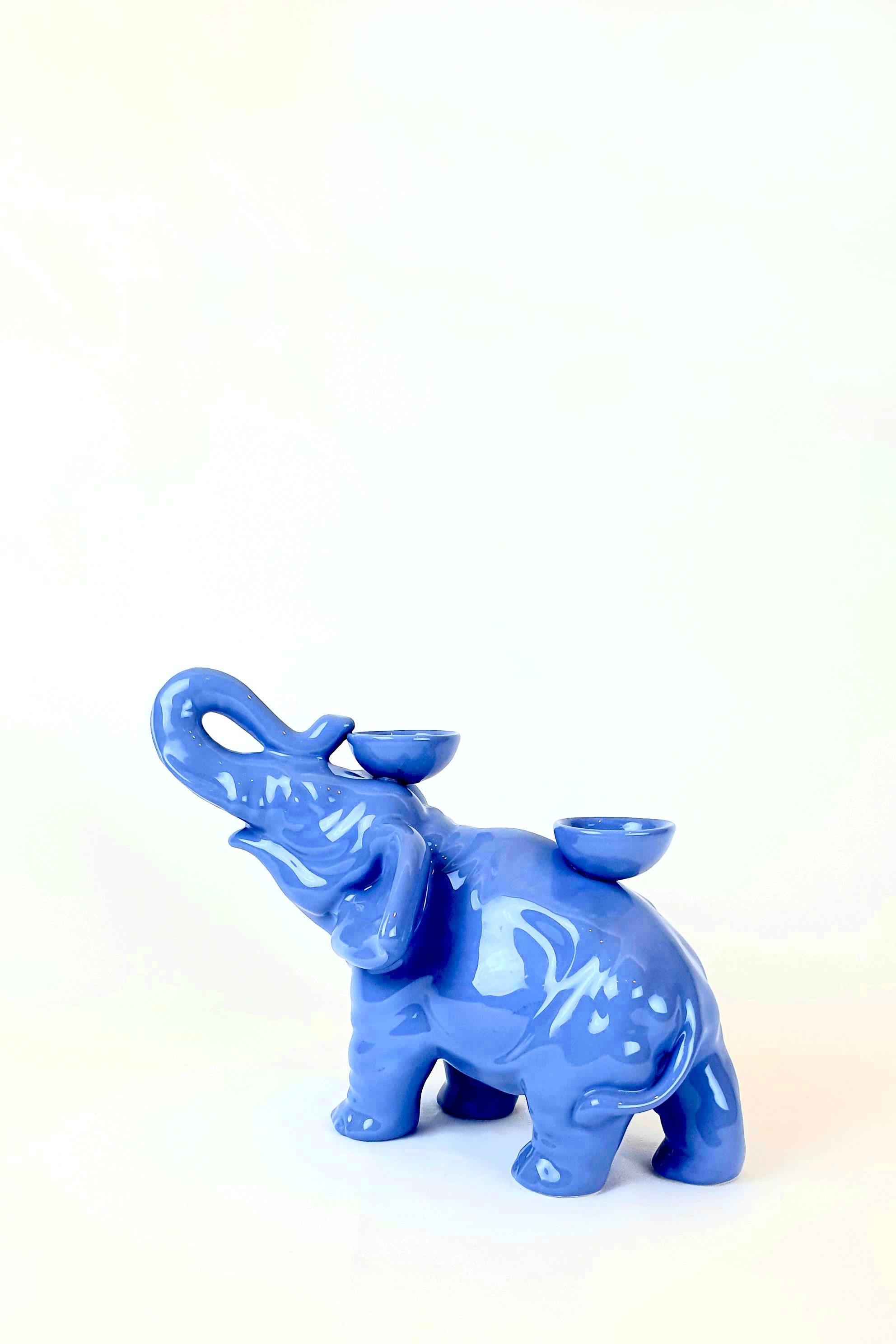 Modern Ceramica Gatti 1928 Ceramic Light Air Force Blue Elephant Candle Holder  In New Condition For Sale In Faenza, IT