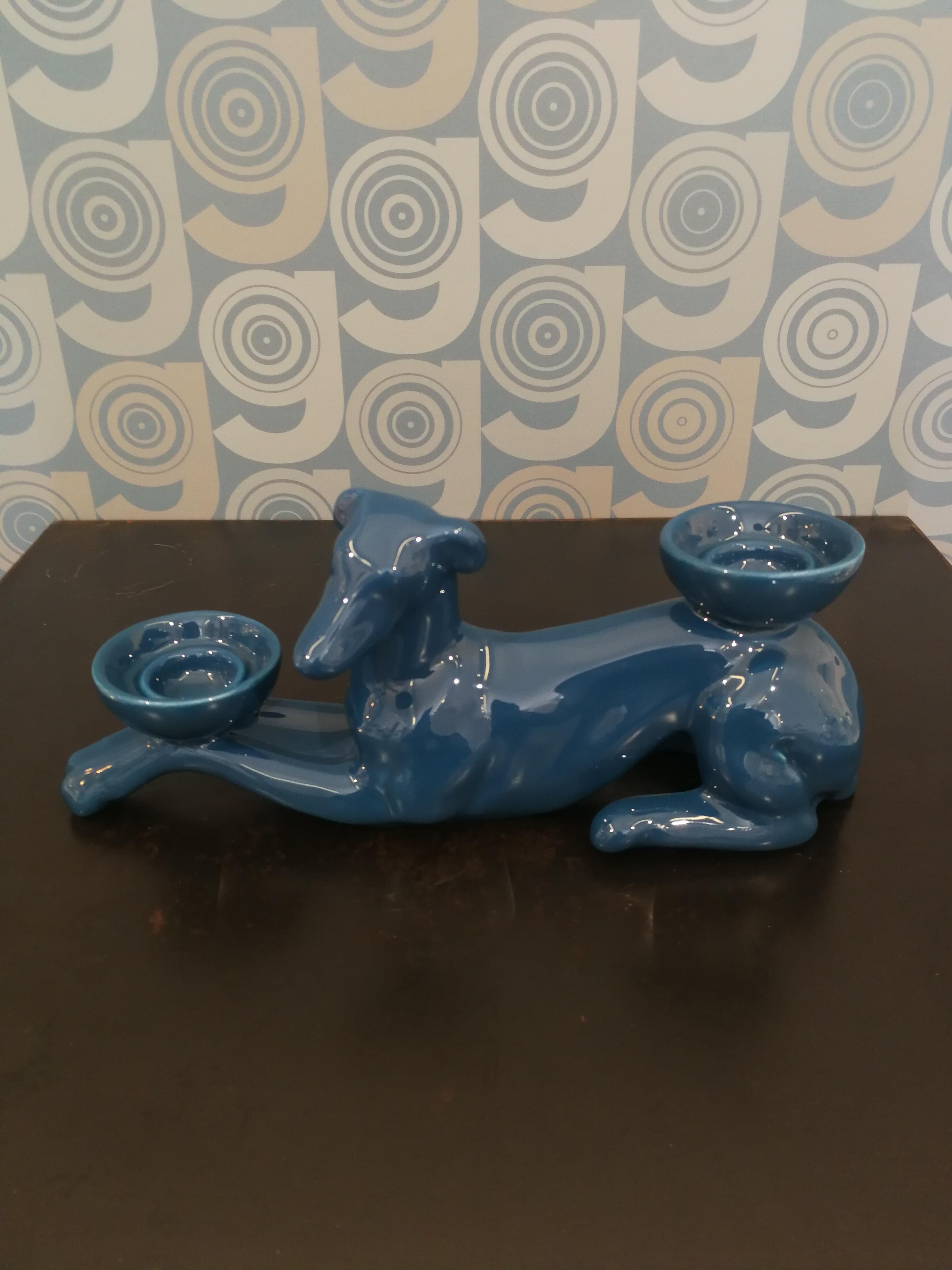 Arts and Crafts Modern Ceramica Gatti 1928 Ceramic Dark Blue Navy Greyhound Candle Holder For Sale