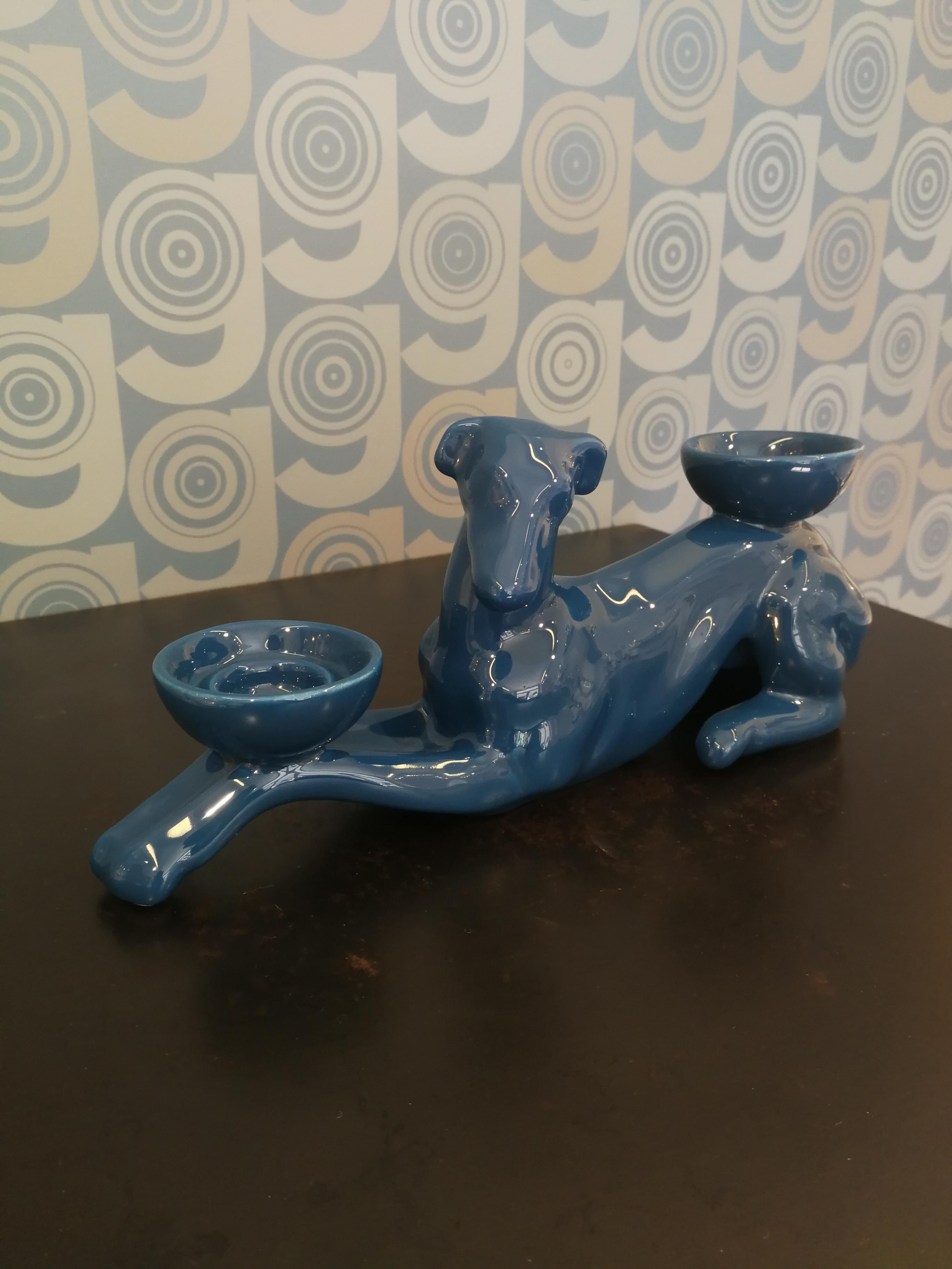 Italian Modern Ceramica Gatti 1928 Ceramic Dark Blue Navy Greyhound Candle Holder For Sale