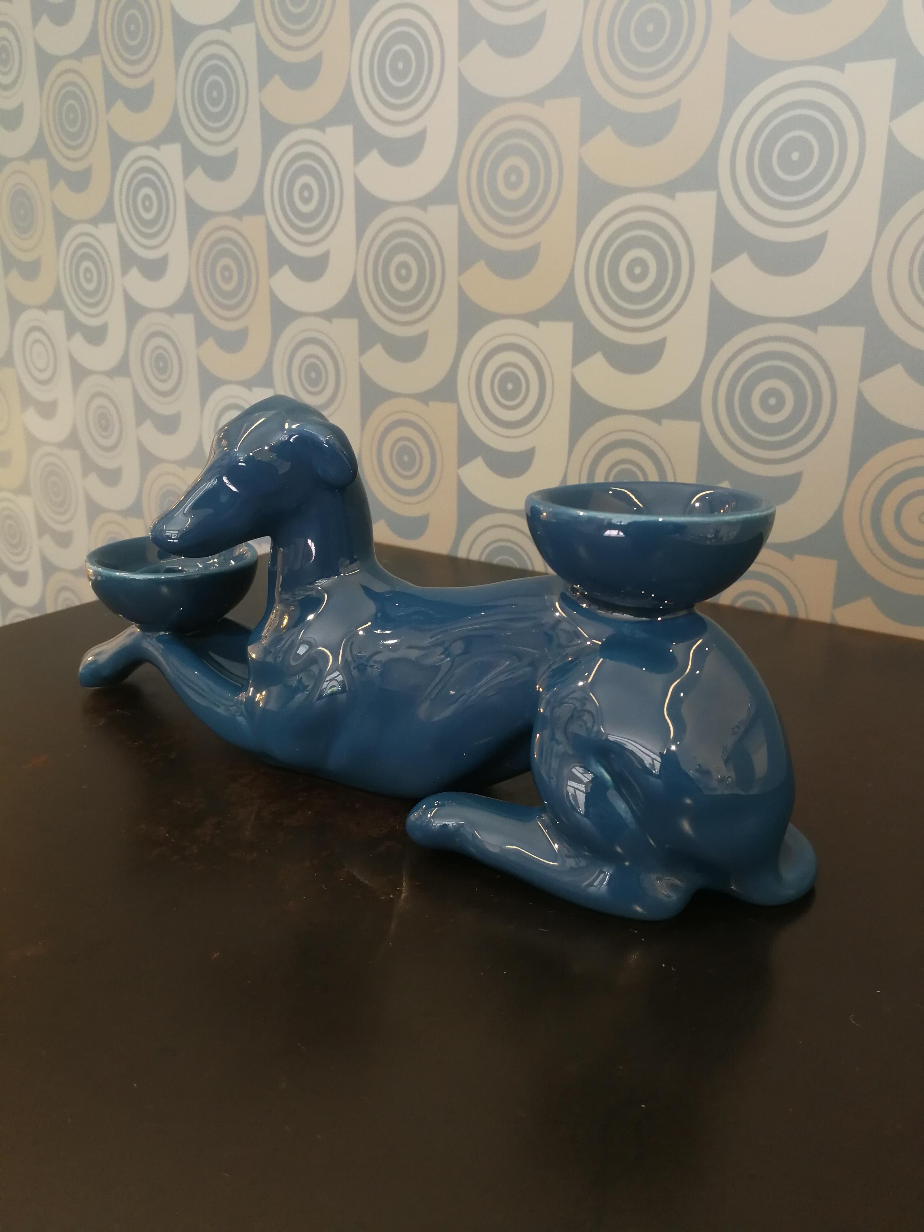 Enameled Modern Ceramica Gatti 1928 Ceramic Dark Blue Navy Greyhound Candle Holder For Sale