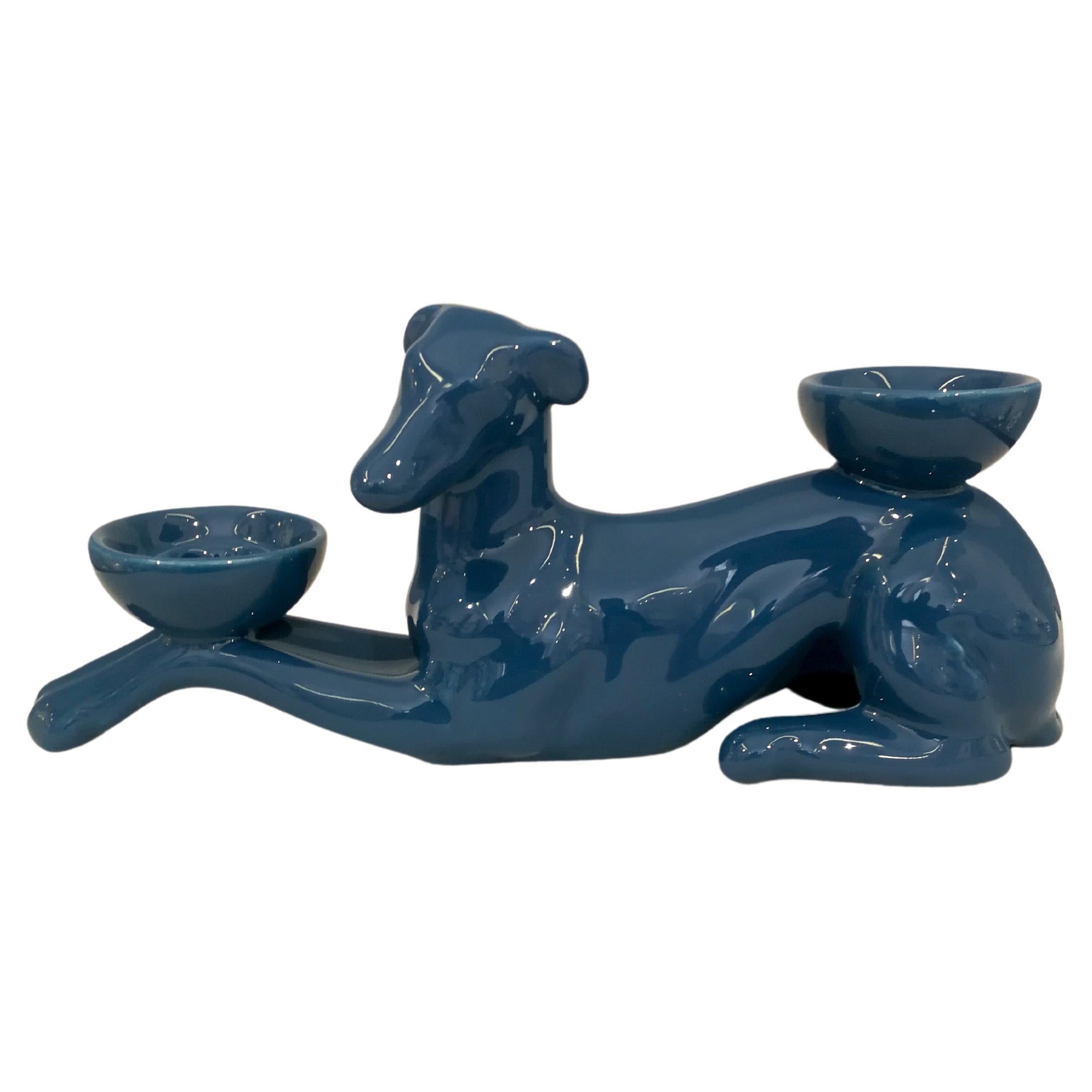 Modern Ceramica Gatti 1928 Ceramic Dark Blue Navy Greyhound Candle Holder
