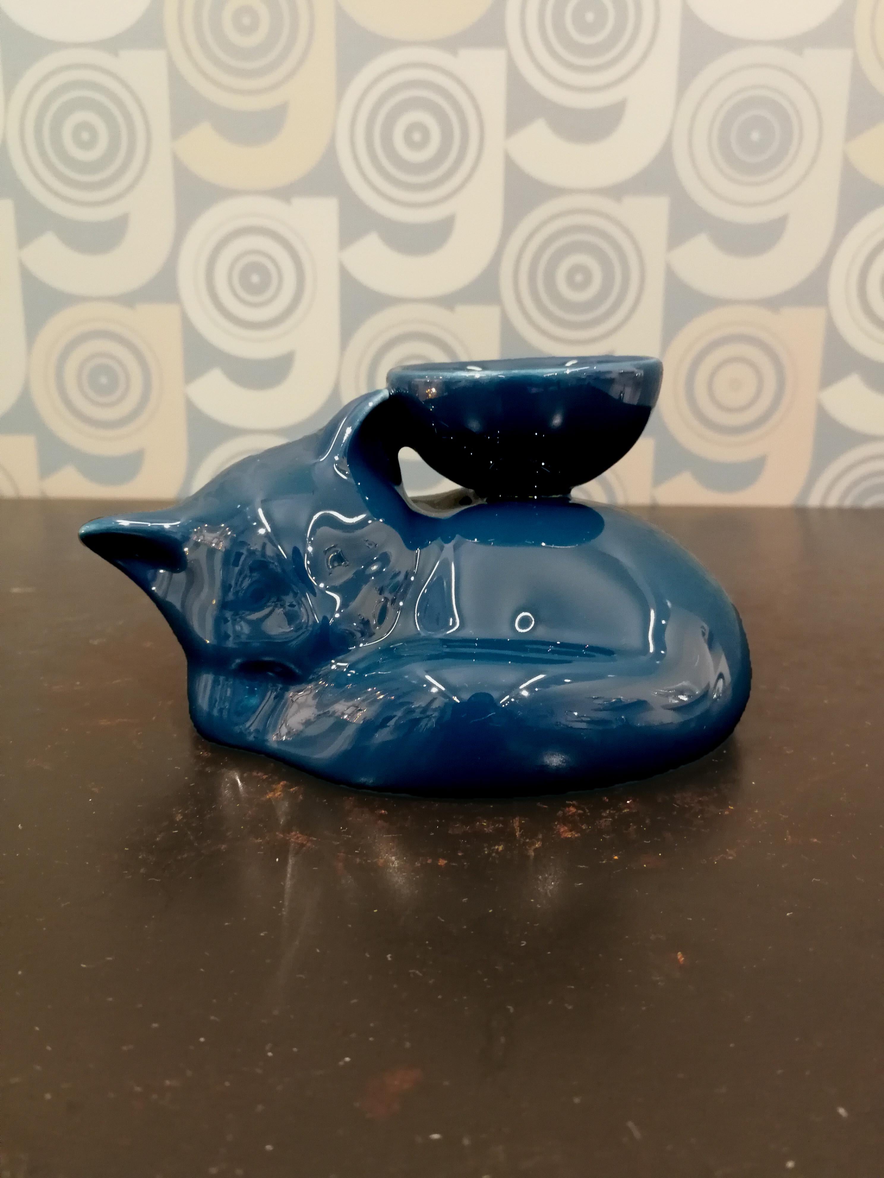 Italian Modern Ceramica Gatti 1928 Ceramic Dark Blue Navy Kitten Candle Holder For Sale