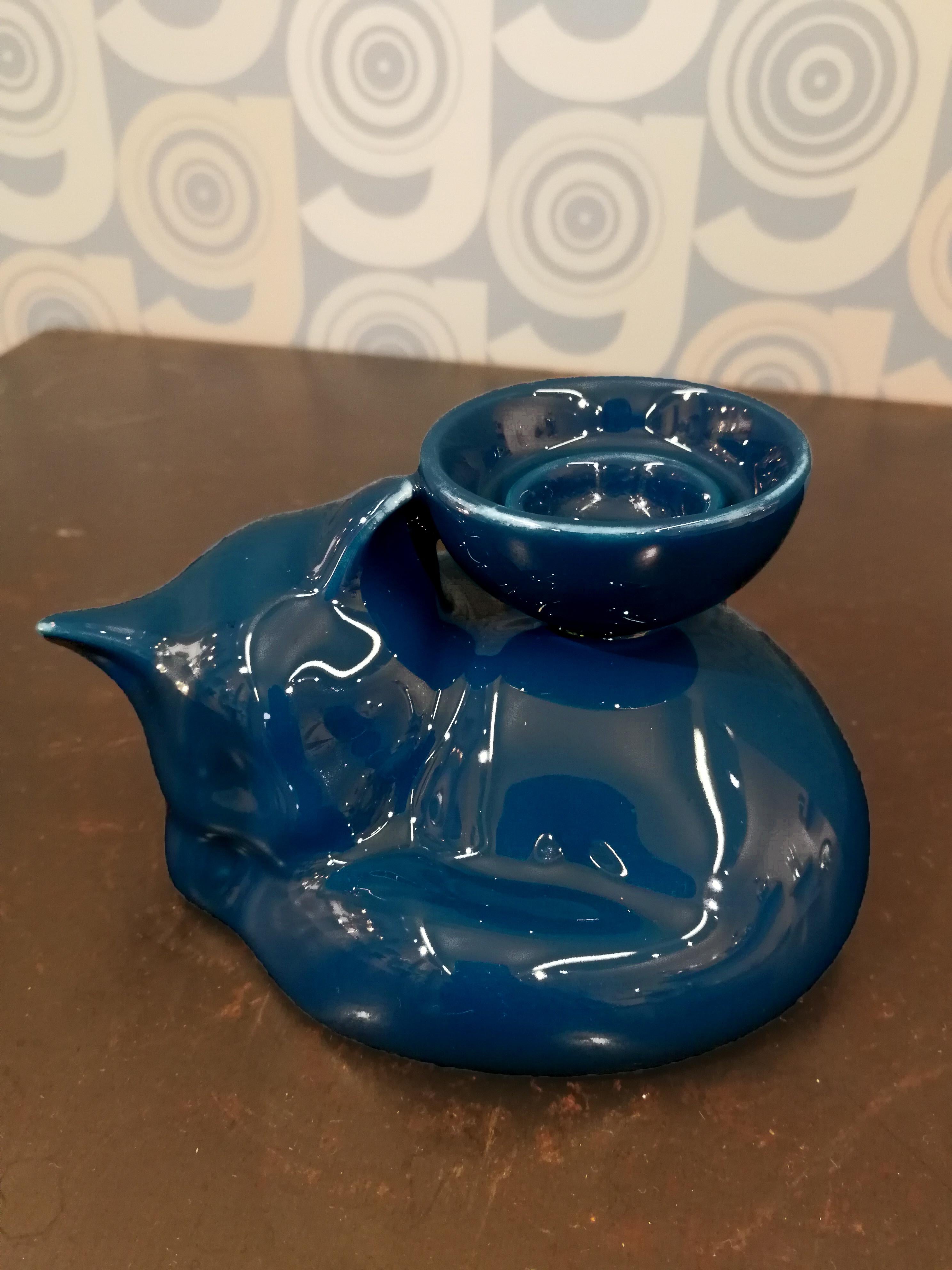 Enameled Modern Ceramica Gatti 1928 Ceramic Dark Blue Navy Kitten Candle Holder For Sale
