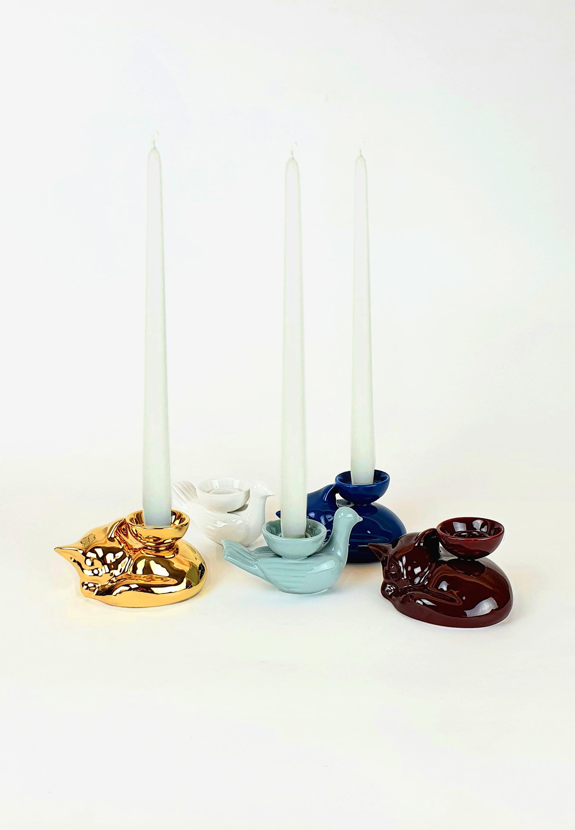 Contemporary Modern Ceramica Gatti 1928 Ceramic Dark Blue Navy Kitten Candle Holder For Sale