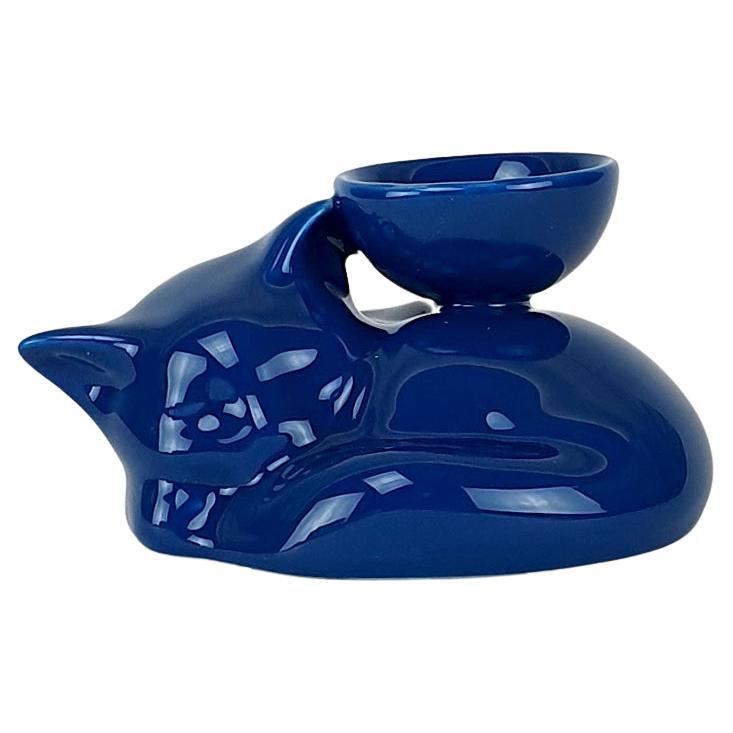 Modern Ceramica Gatti 1928 Ceramic Dark Blue Navy Kitten Candle Holder For Sale