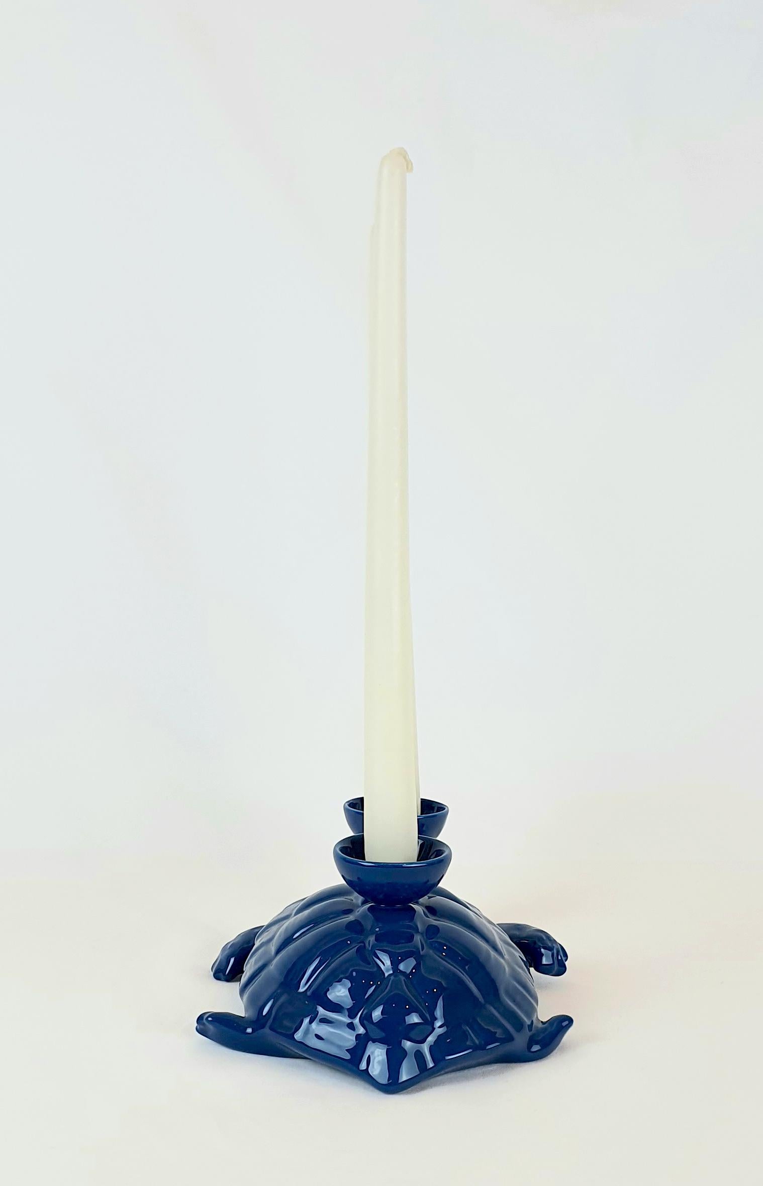 Arts and Crafts Modern Ceramica Gatti 1928 Ceramic Dark Blue Navy Turtle Candle Holder For Sale