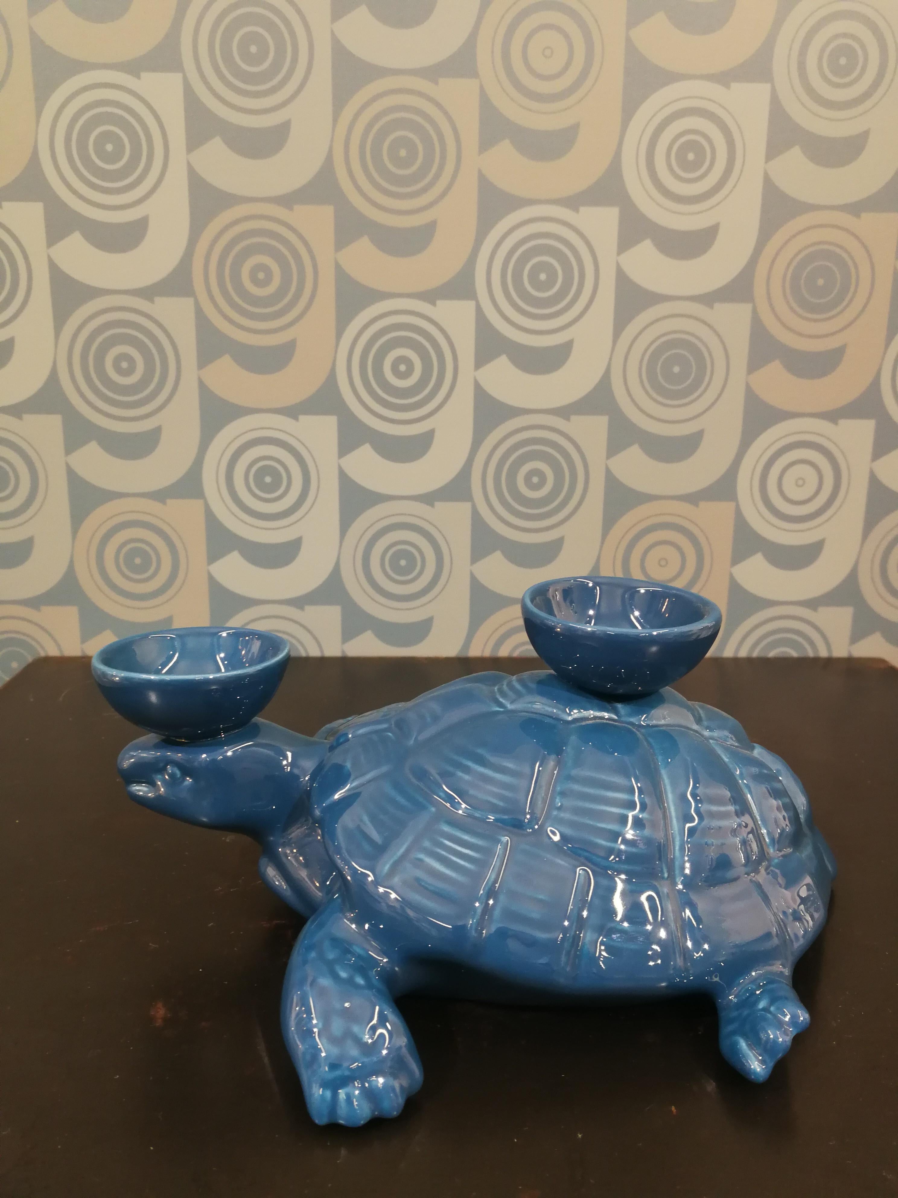 Italian Modern Ceramica Gatti 1928 Ceramic Dark Blue Navy Turtle Candle Holder For Sale