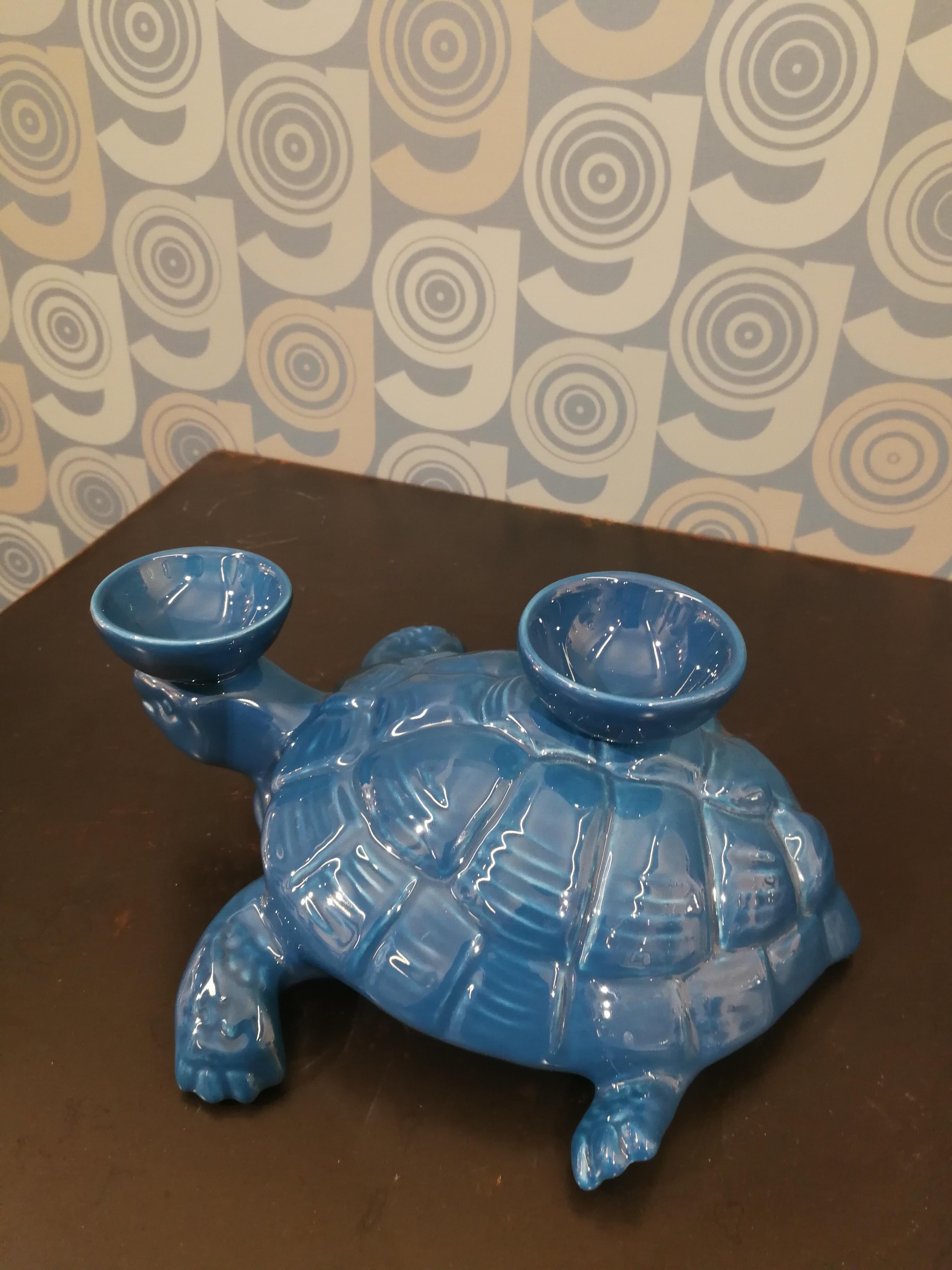 Enameled Modern Ceramica Gatti 1928 Ceramic Dark Blue Navy Turtle Candle Holder For Sale
