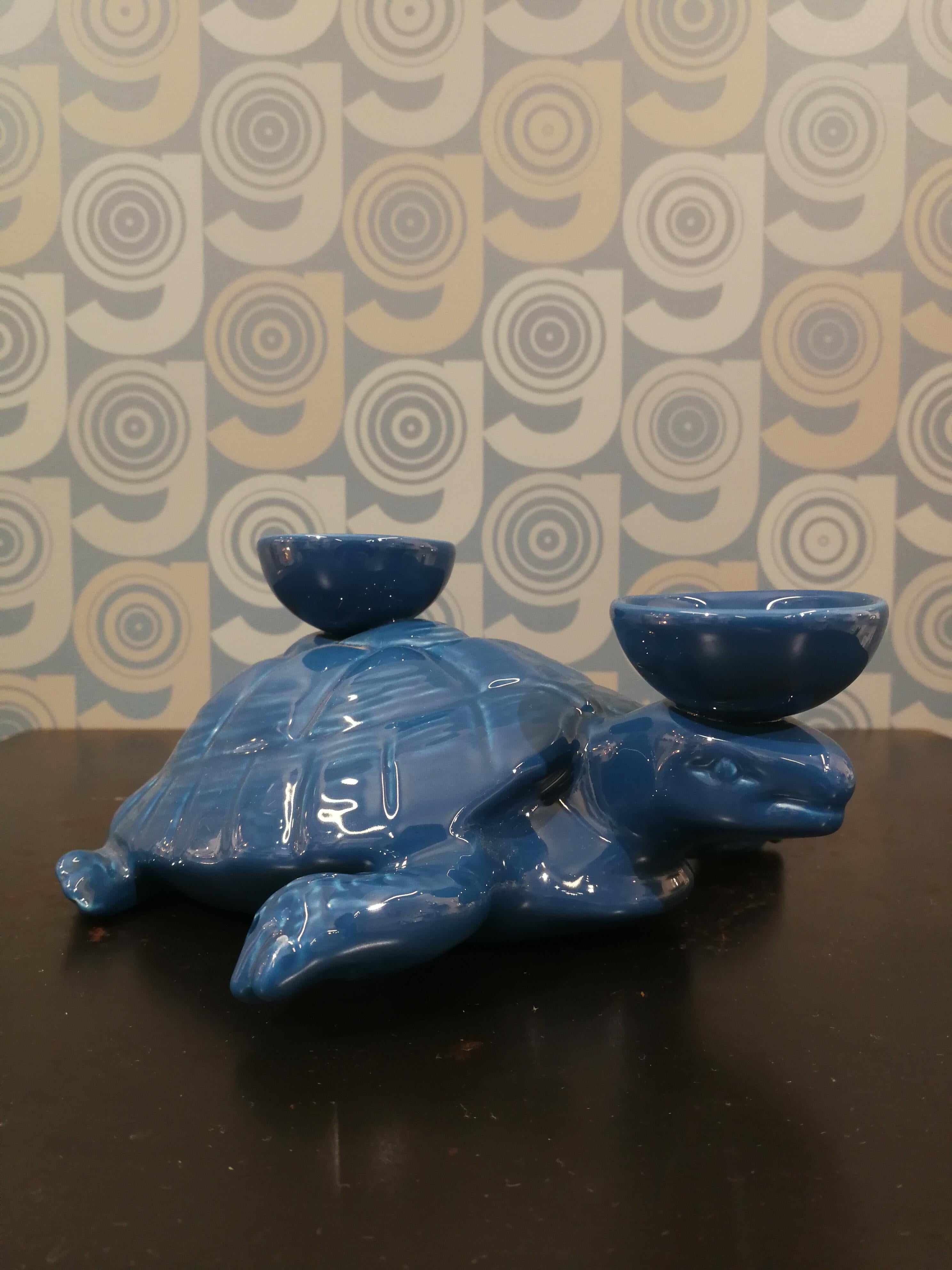 Contemporary Modern Ceramica Gatti 1928 Ceramic Dark Blue Navy Turtle Candle Holder For Sale