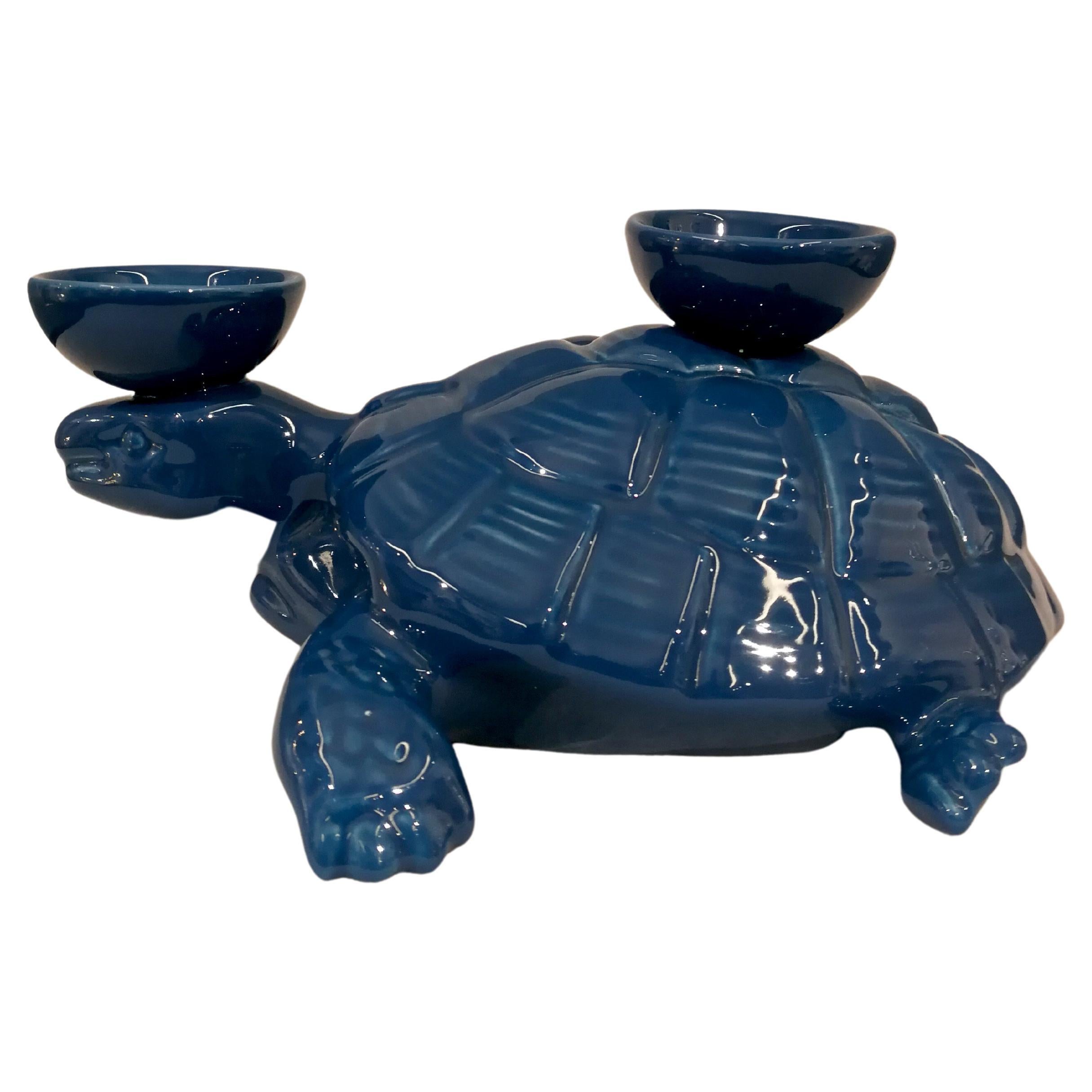 Modern Ceramica Gatti 1928 Ceramic Dark Blue Navy Turtle Candle Holder For Sale