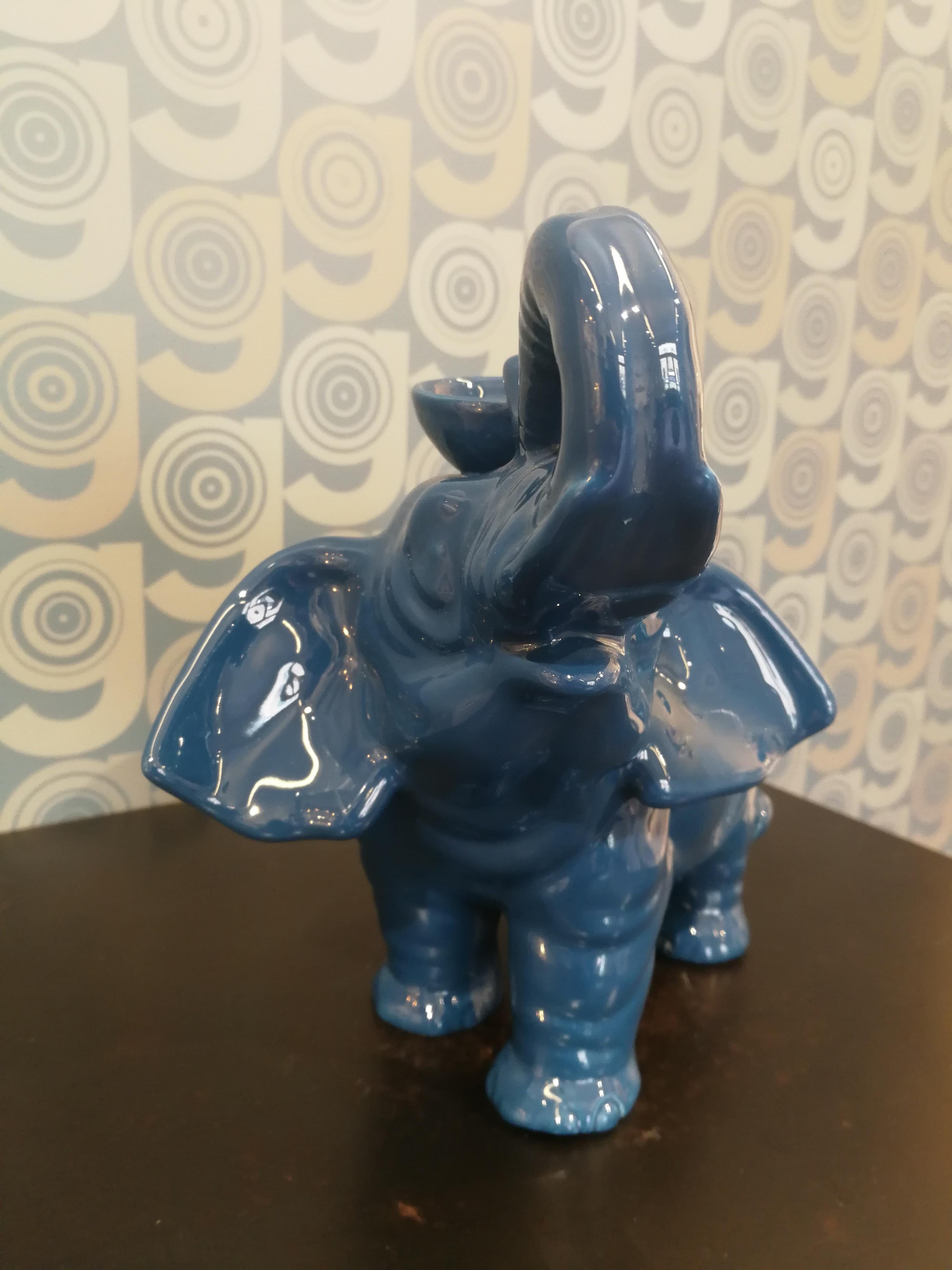Arts and Crafts Modern Ceramica Gatti 1928 Ceramic Dark Navy Blue Elephant Candle Holder For Sale