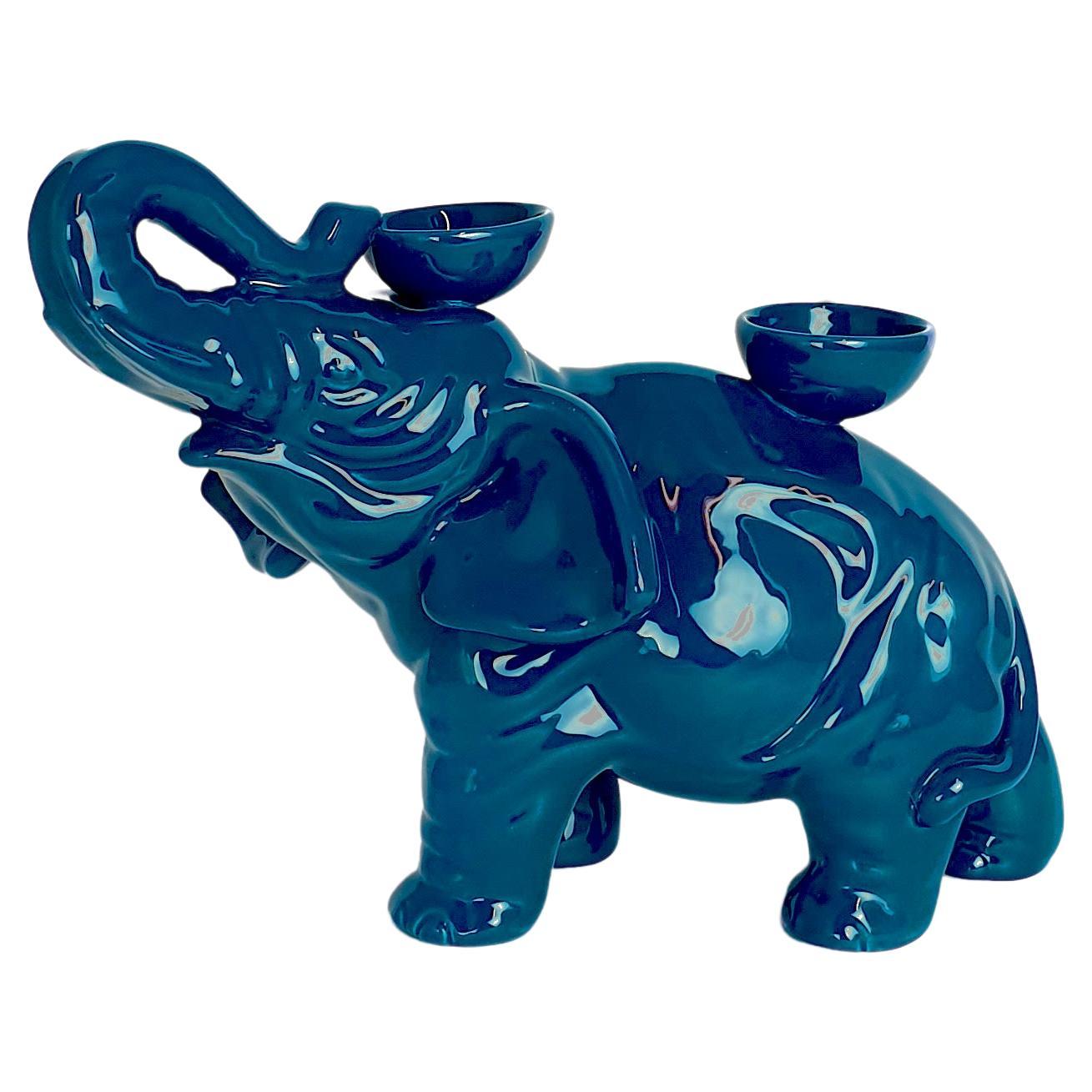 Modern Ceramica Gatti 1928 Ceramic Dark Navy Blue Elephant Candle Holder For Sale