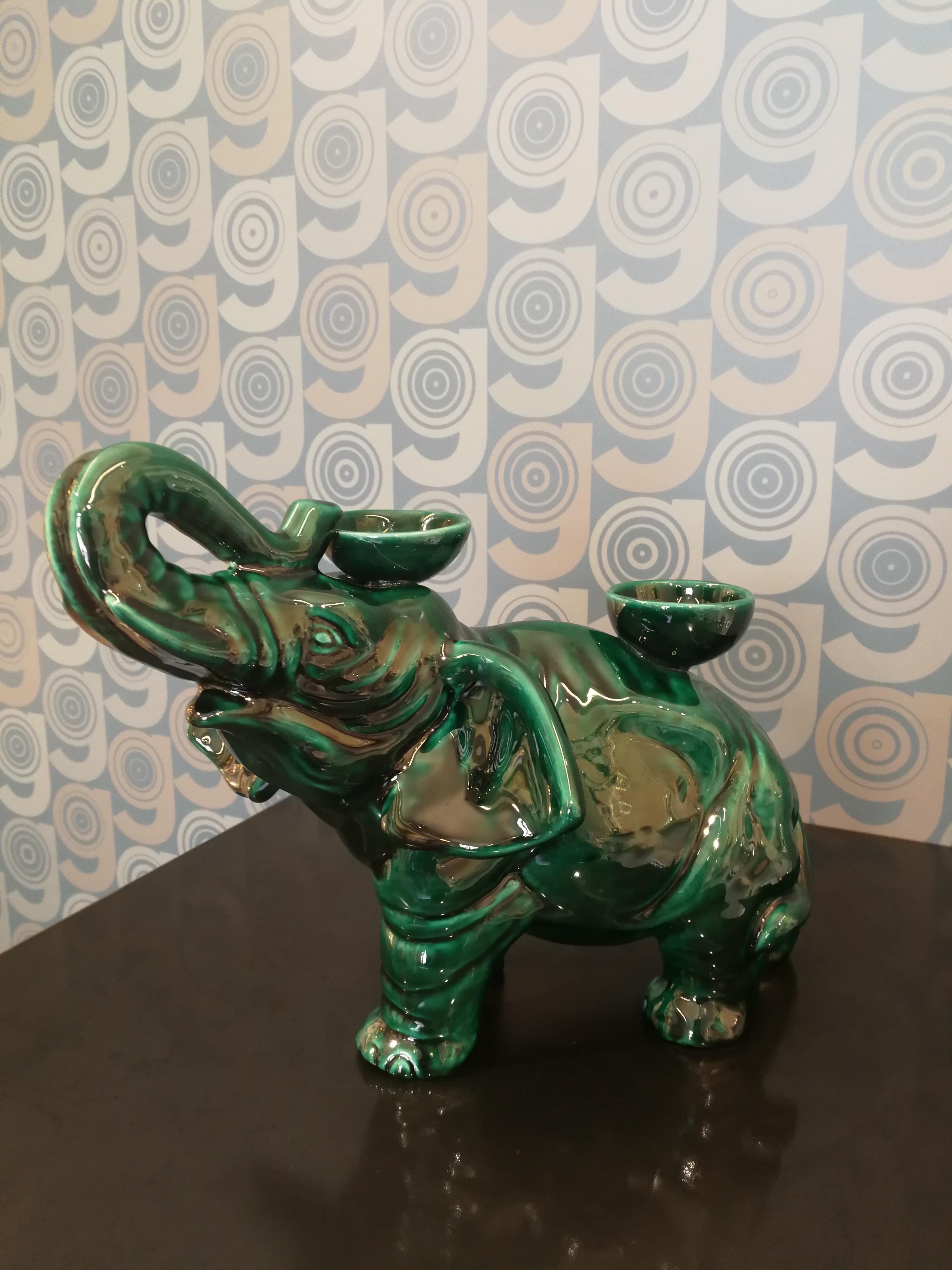 Arts and Crafts Modern Ceramica Gatti 1928 Ceramic Forest Green Elephant Candle Holder For Sale