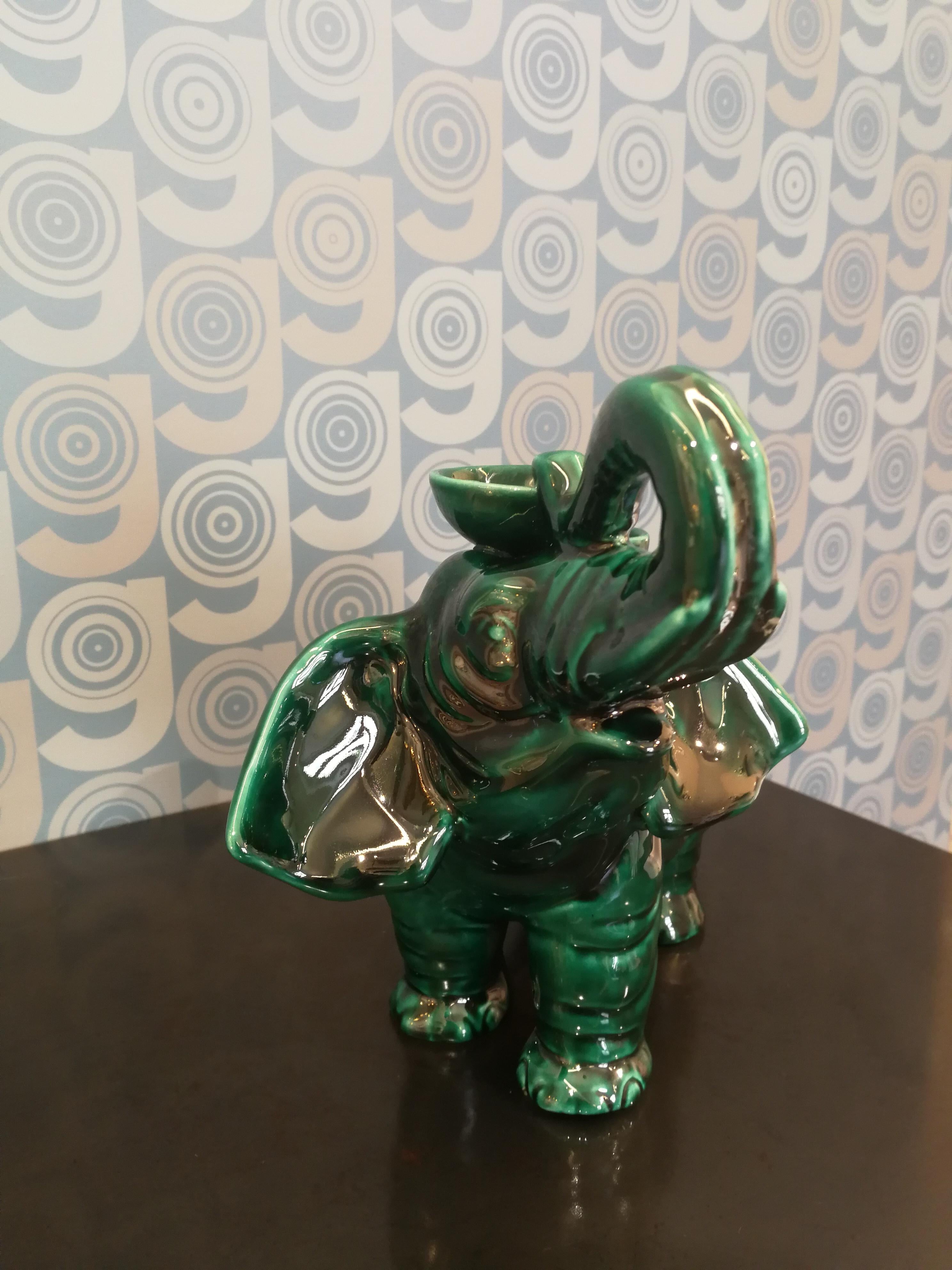 Italian Modern Ceramica Gatti 1928 Ceramic Forest Green Elephant Candle Holder For Sale