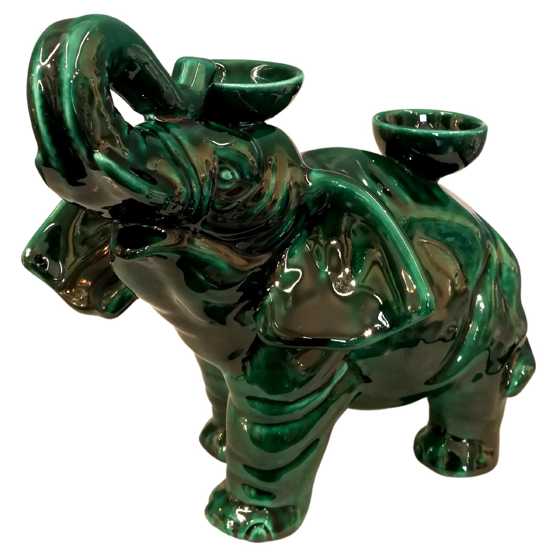 Modern Ceramica Gatti 1928 Ceramic Forest Green Elephant Candle Holder For Sale