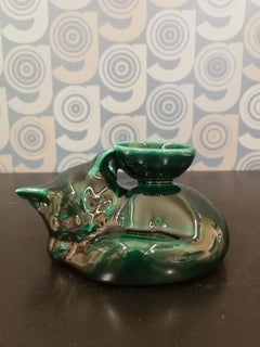 Modern Ceramica Gatti 1928 Ceramic Forest Green Kitten Candle Holder