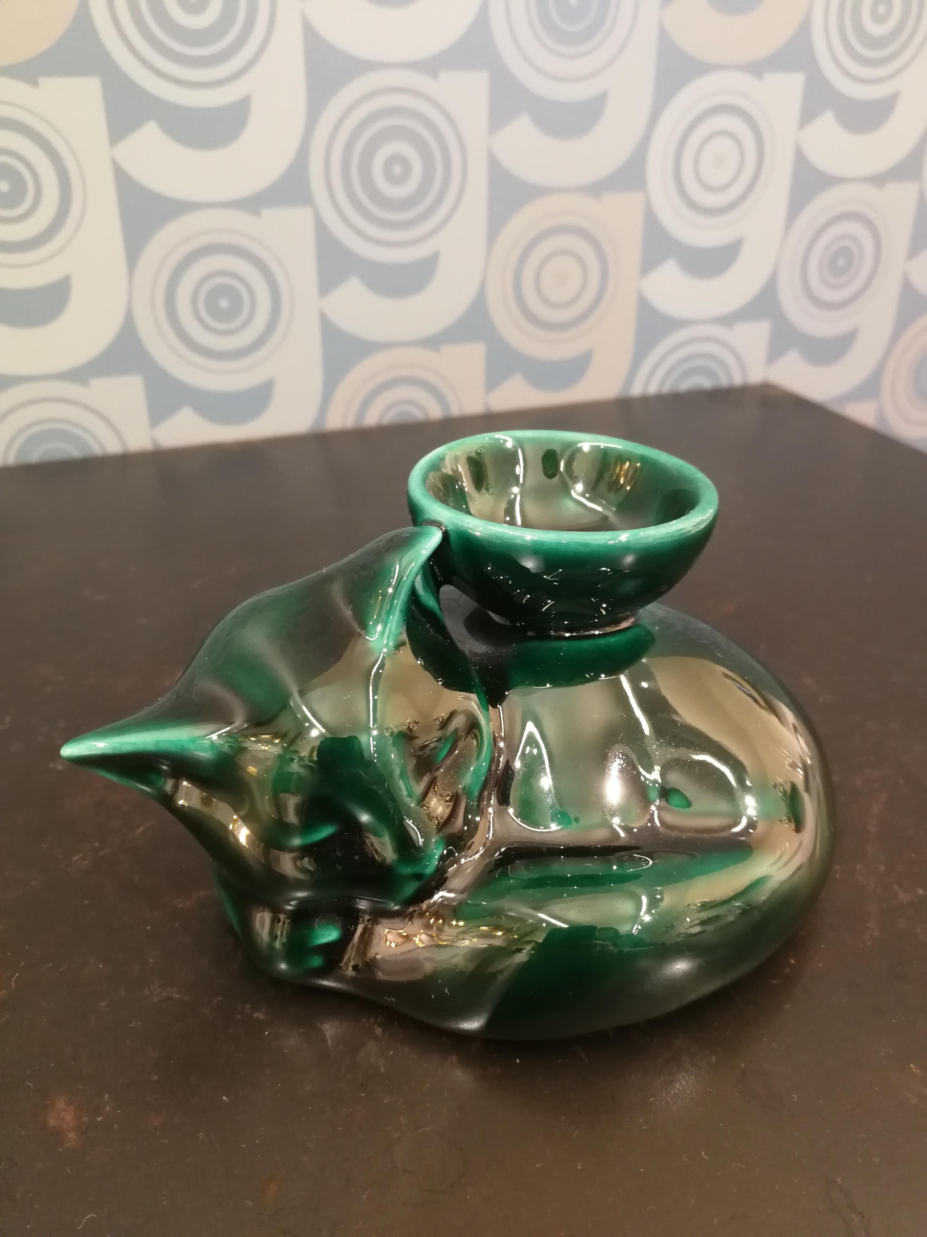 Arts and Crafts Modern Ceramica Gatti 1928 Ceramic Forest Green Kitten Candle Holder For Sale