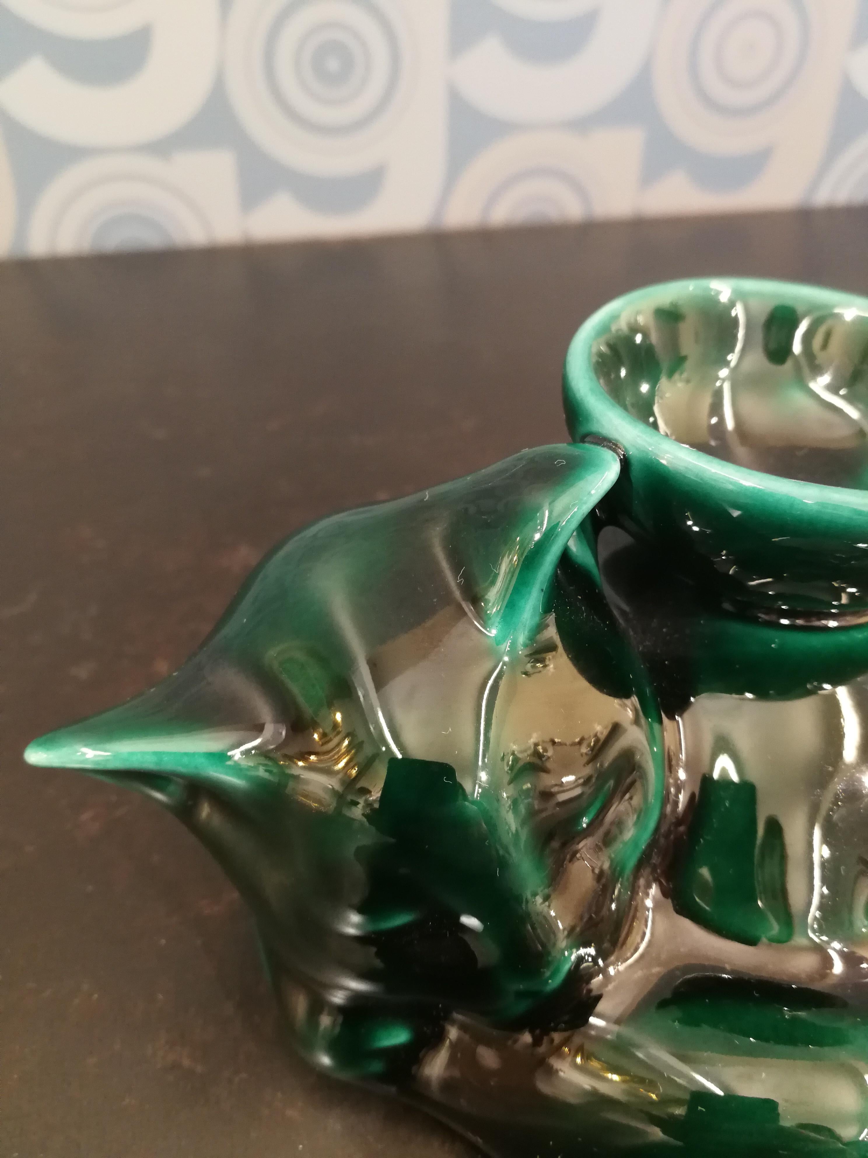 Enameled Modern Ceramica Gatti 1928 Ceramic Forest Green Kitten Candle Holder For Sale