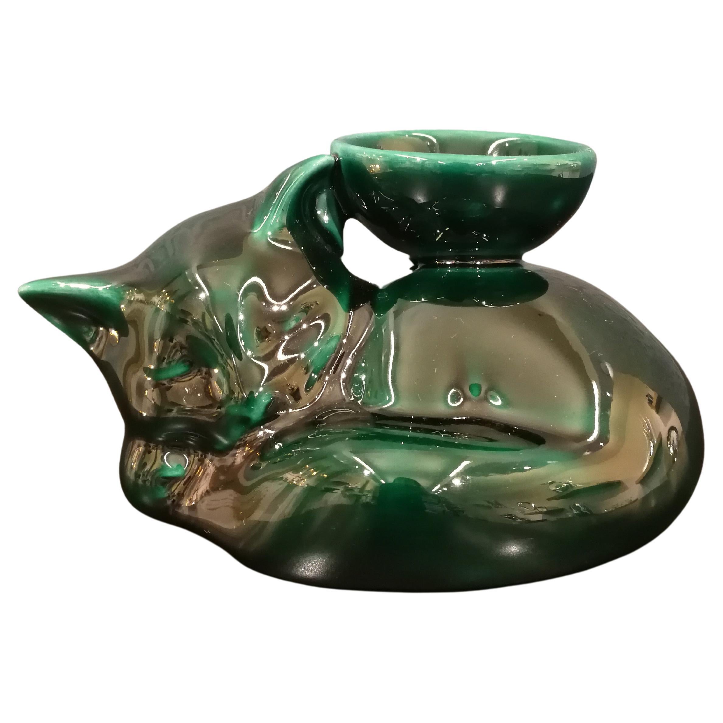 Modern Ceramica Gatti 1928 Ceramic Forest Green Kitten Candle Holder For Sale