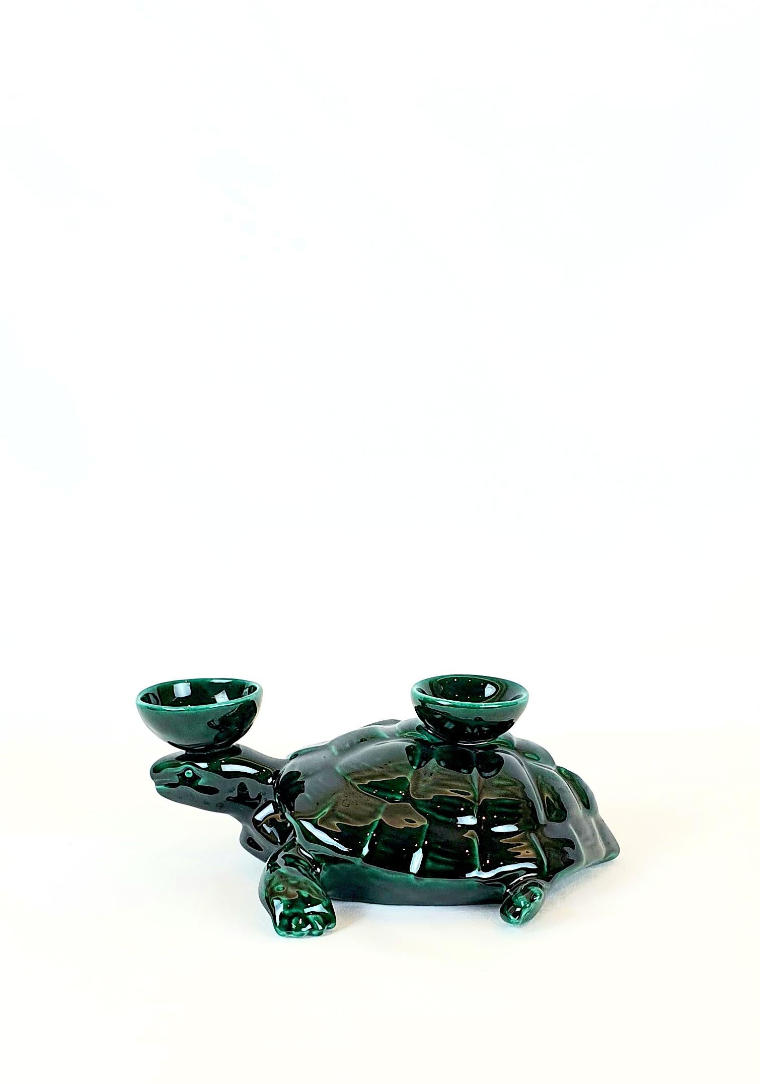 Modern Ceramica Gatti 1928 Ceramic Forest Green Turtle Candle Holder For Sale 2