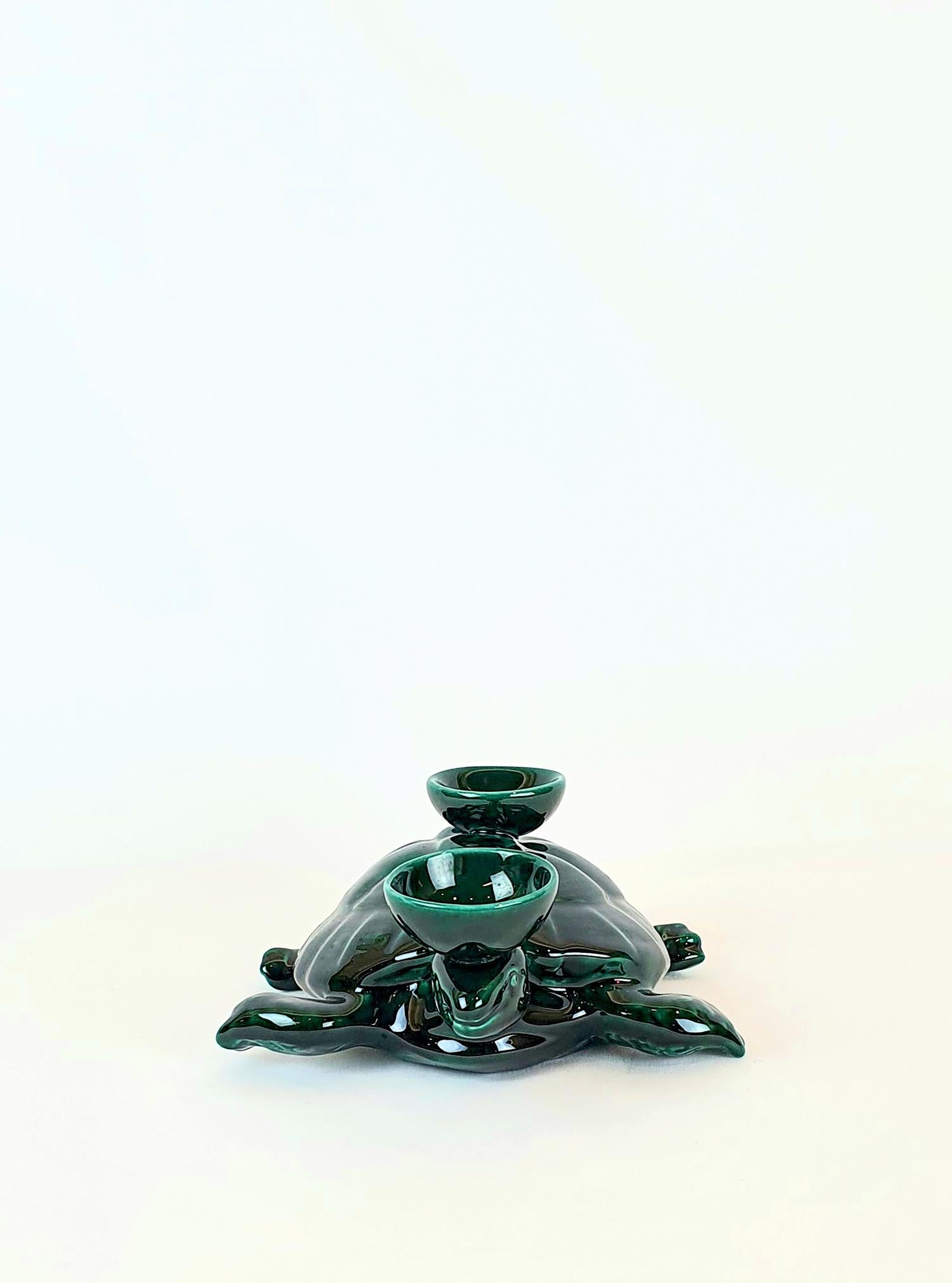 Modern Ceramica Gatti 1928 Ceramic Forest Green Turtle Candle Holder For Sale 3
