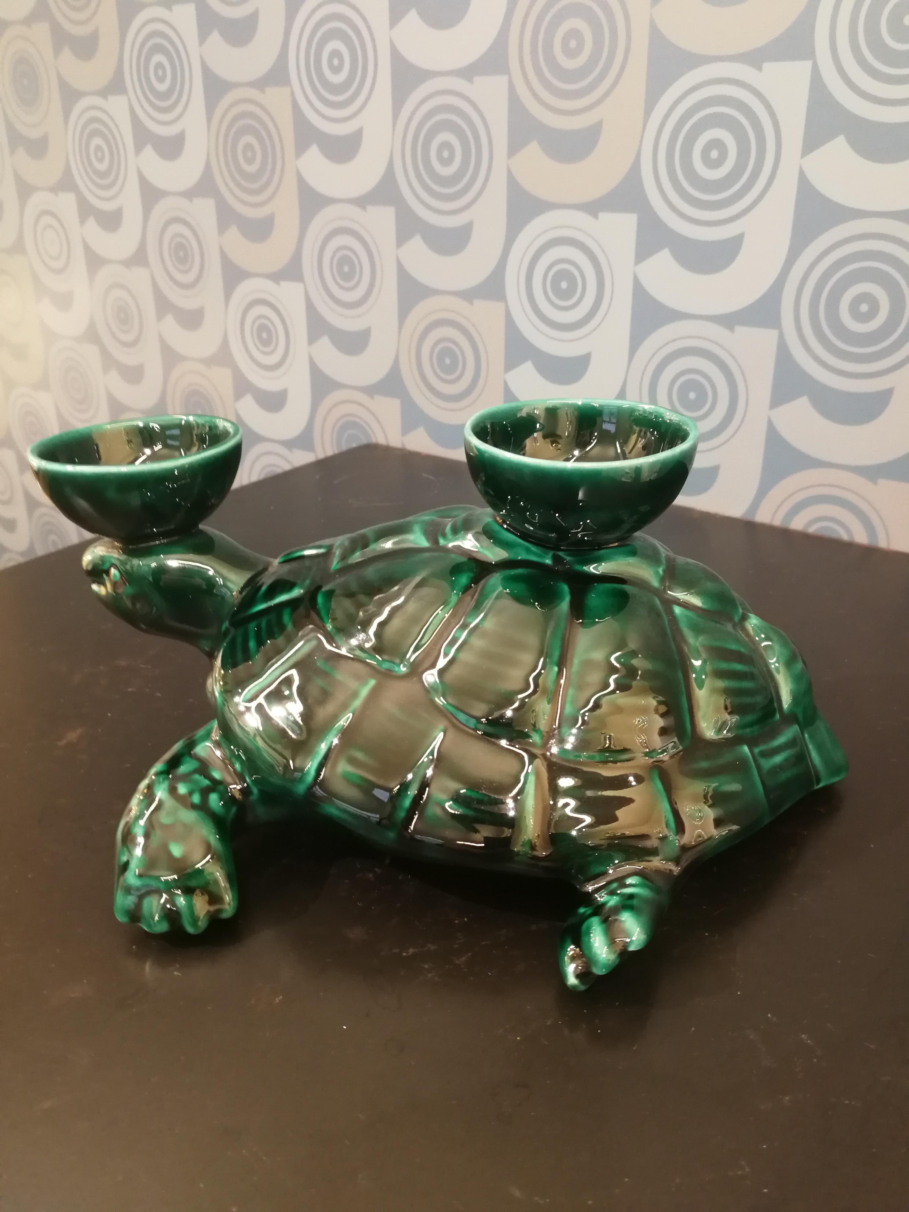 Arts and Crafts Modern Ceramica Gatti 1928 Ceramic Forest Green Turtle Candle Holder For Sale