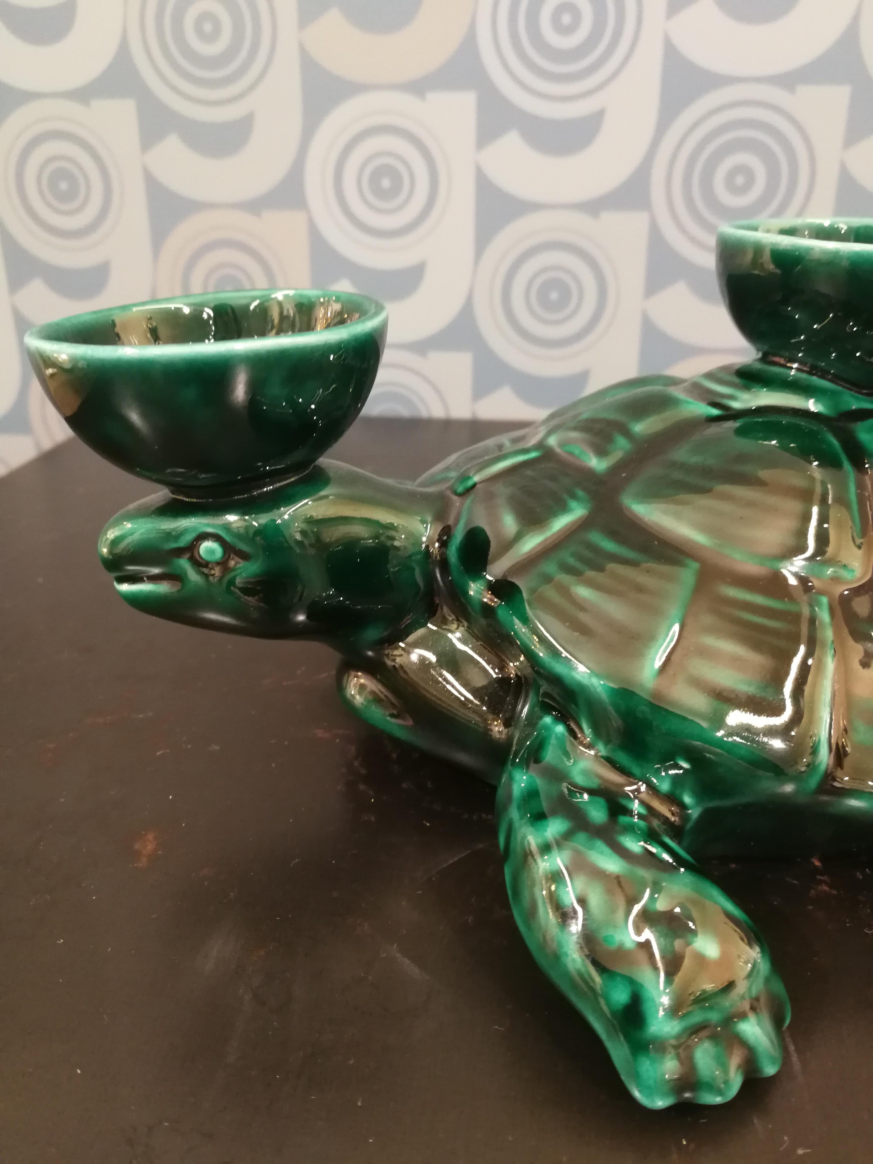 Italian Modern Ceramica Gatti 1928 Ceramic Forest Green Turtle Candle Holder For Sale