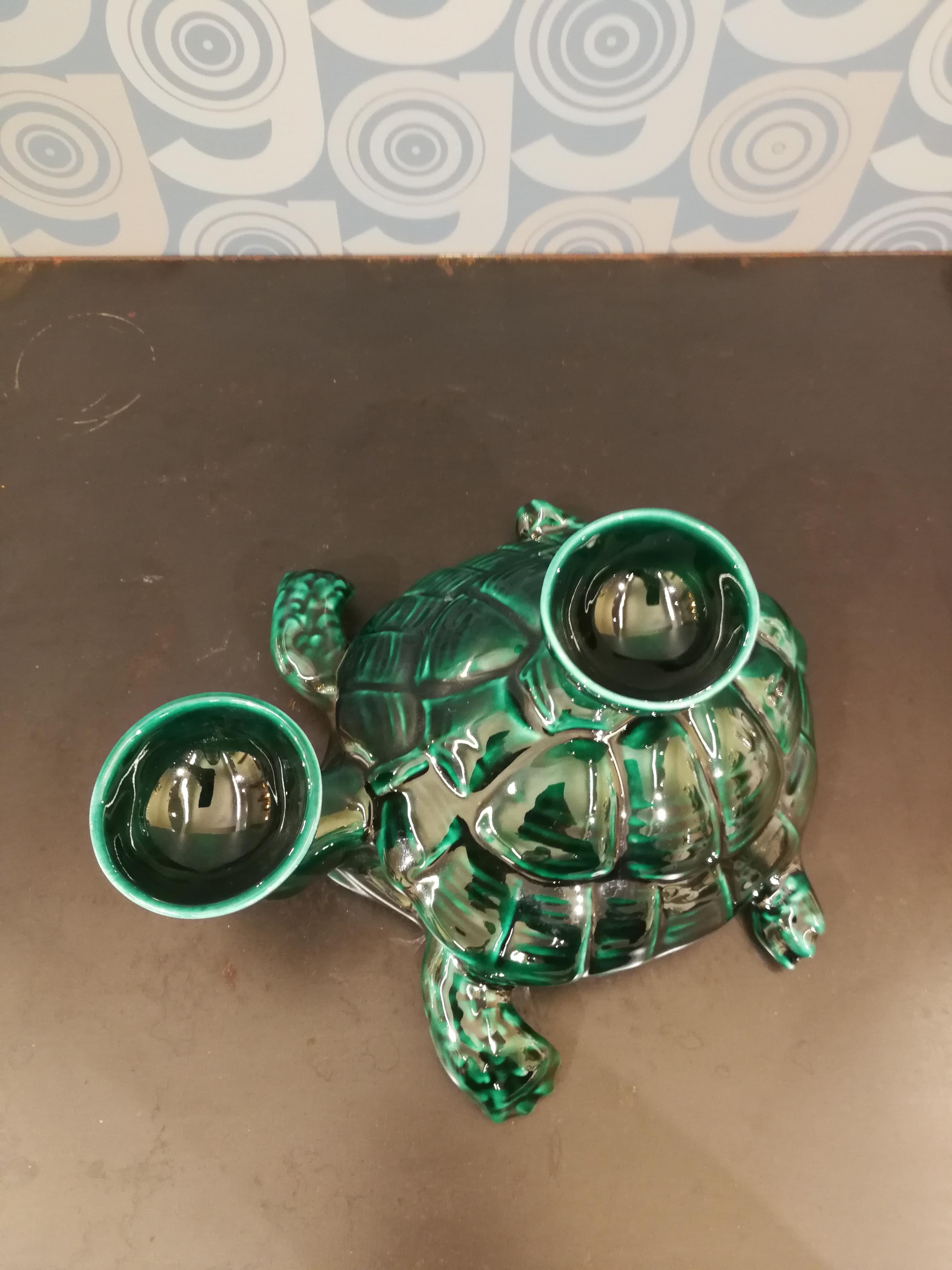 Enameled Modern Ceramica Gatti 1928 Ceramic Forest Green Turtle Candle Holder For Sale