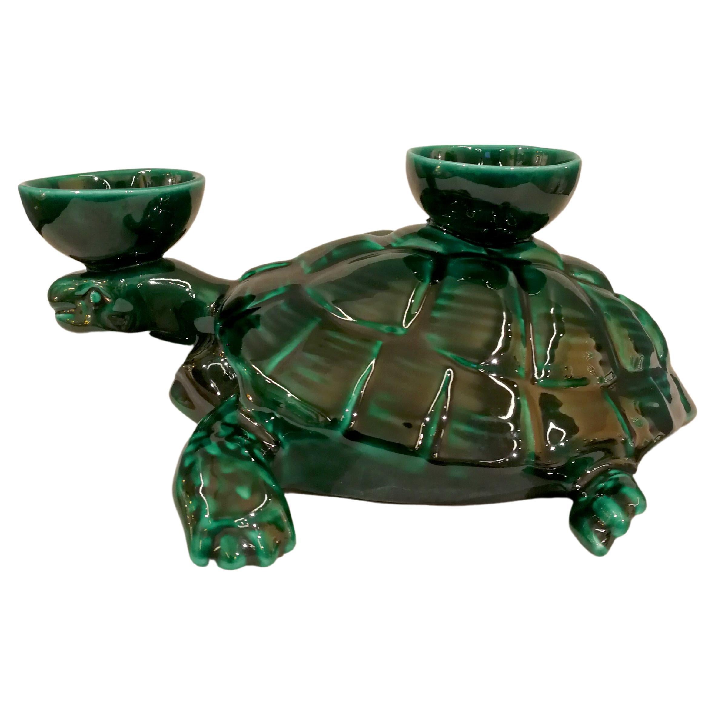 Modern Ceramica Gatti 1928 Ceramic Forest Green Turtle Candle Holder For Sale