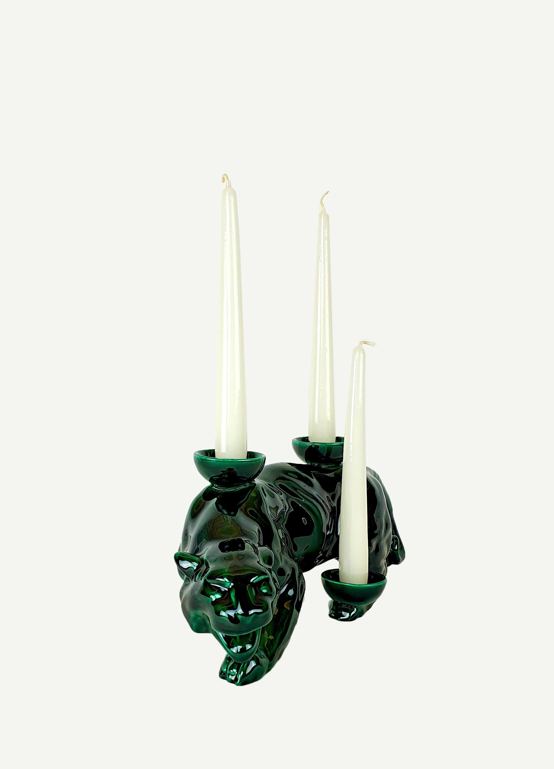 Modern Ceramica Gatti 1928 Ceramic Green Forest Panther Candle Holder For Sale 3
