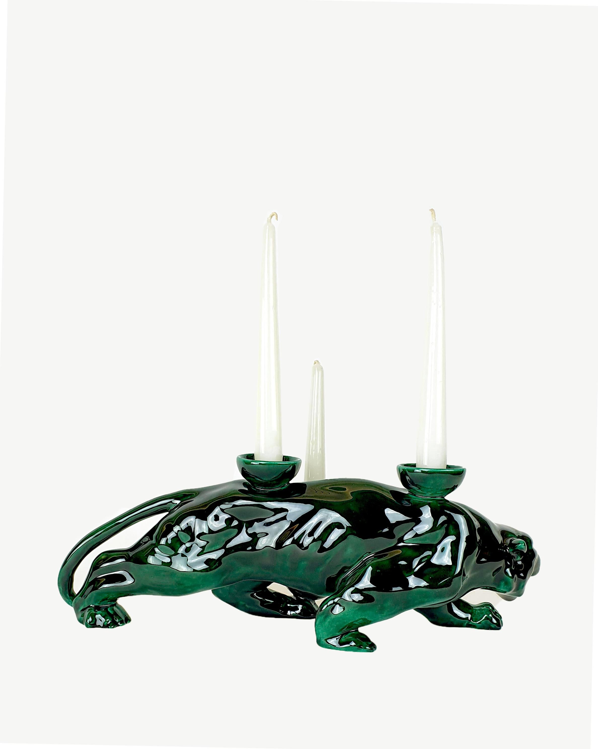 Modern Ceramica Gatti 1928 Ceramic Green Forest Panther Candle Holder For Sale 4