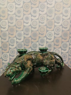 Modern Ceramica Gatti 1928 Ceramic Green Forest Panther Candle Holder