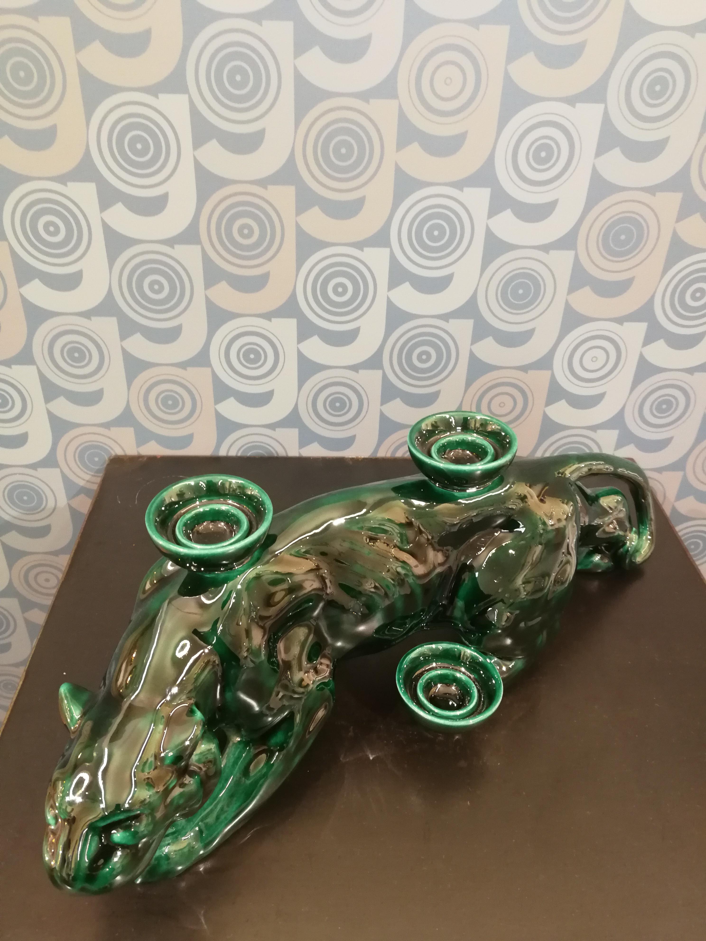 Italian Modern Ceramica Gatti 1928 Ceramic Green Forest Panther Candle Holder For Sale