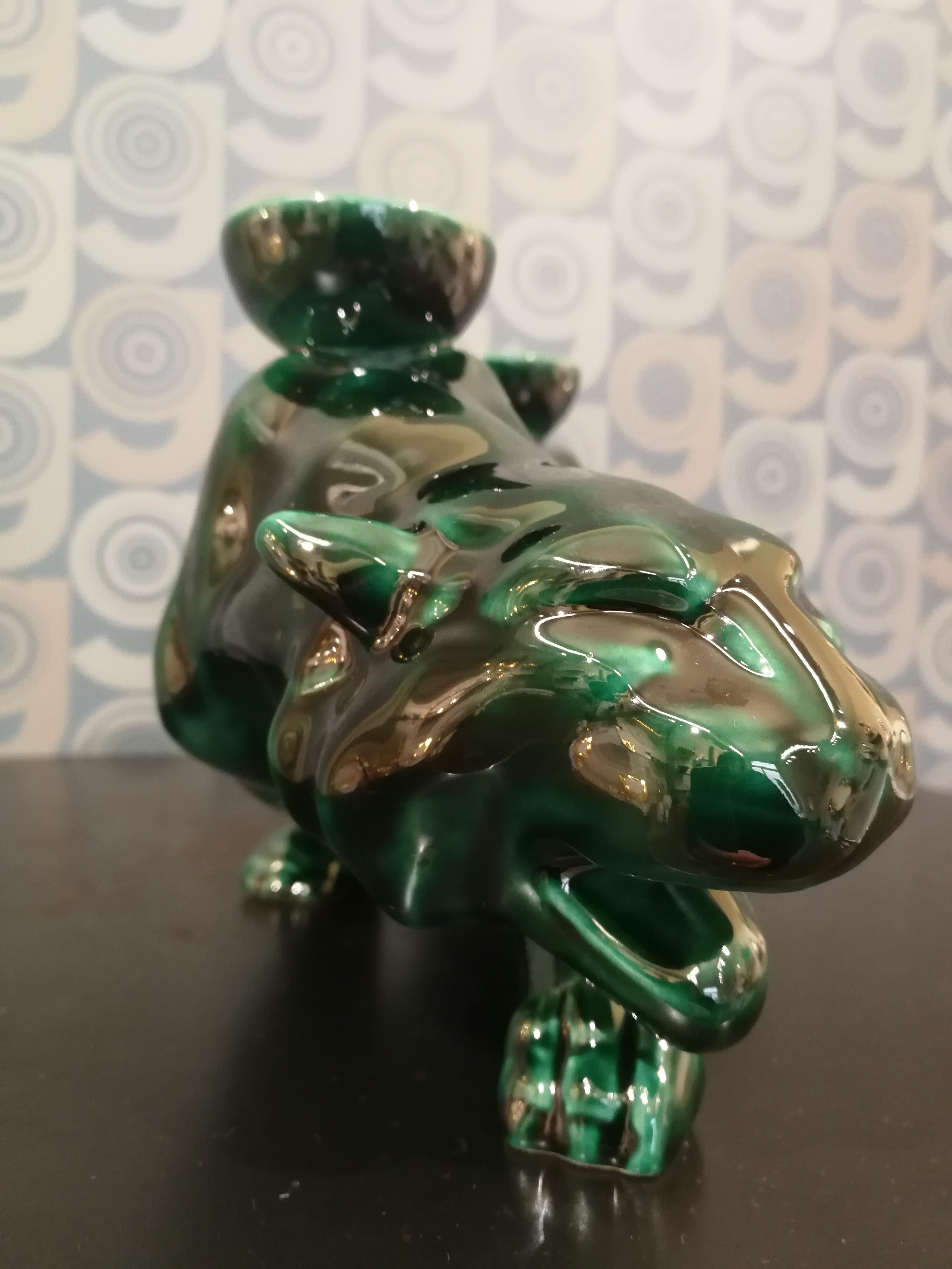 Modern Ceramica Gatti 1928 Ceramic Green Forest Panther Candle Holder In New Condition For Sale In Faenza, IT
