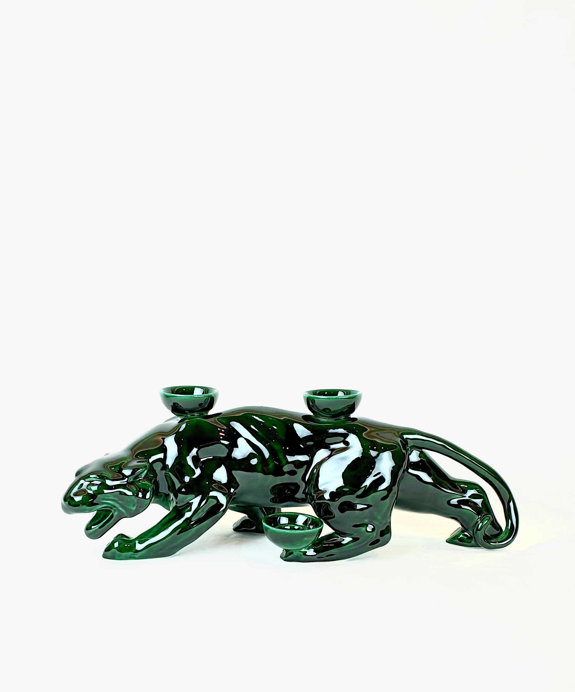 Modern Ceramica Gatti 1928 Ceramic Green Forest Panther Candle Holder For Sale 1