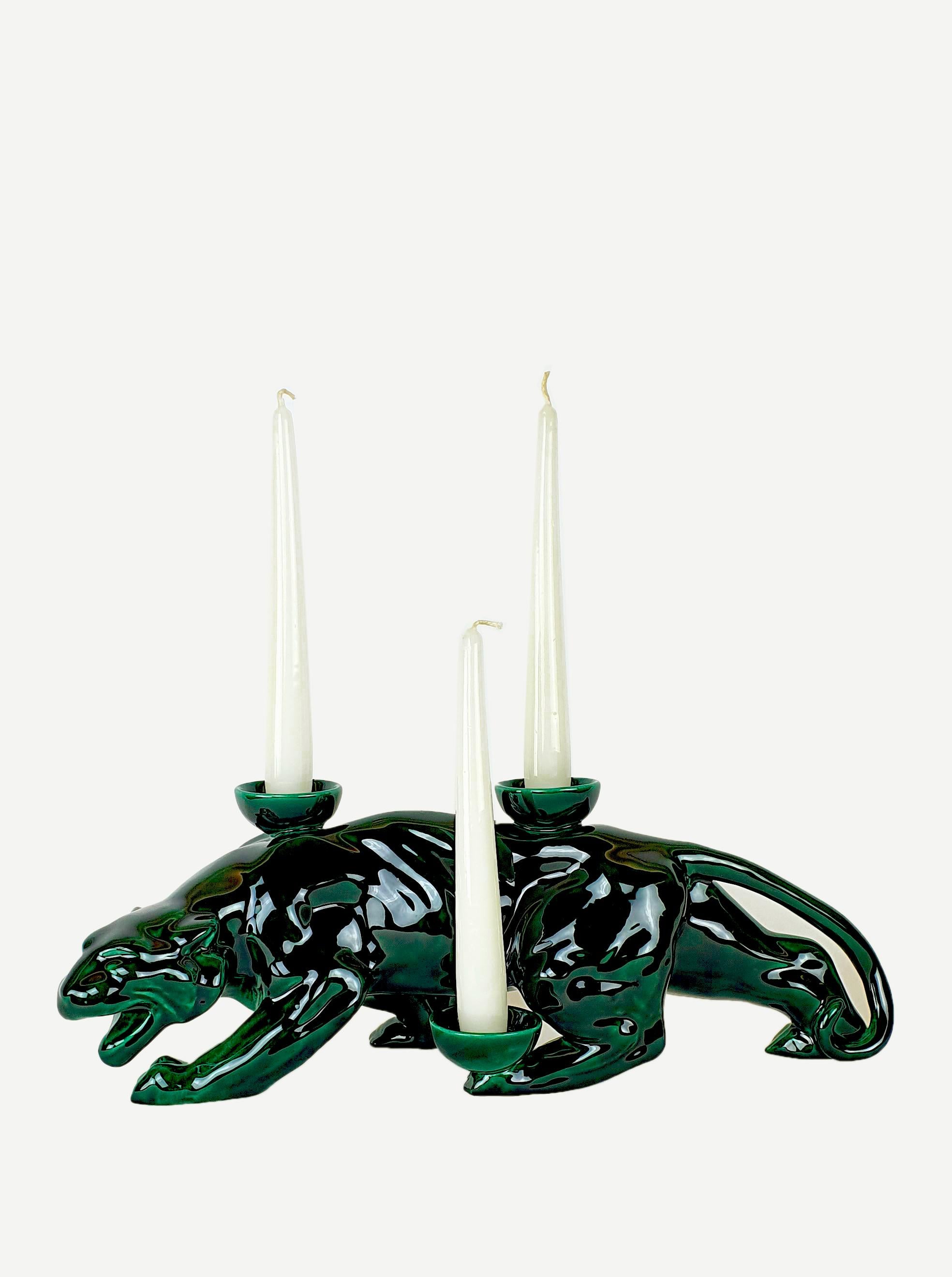 Modern Ceramica Gatti 1928 Ceramic Green Forest Panther Candle Holder For Sale 2