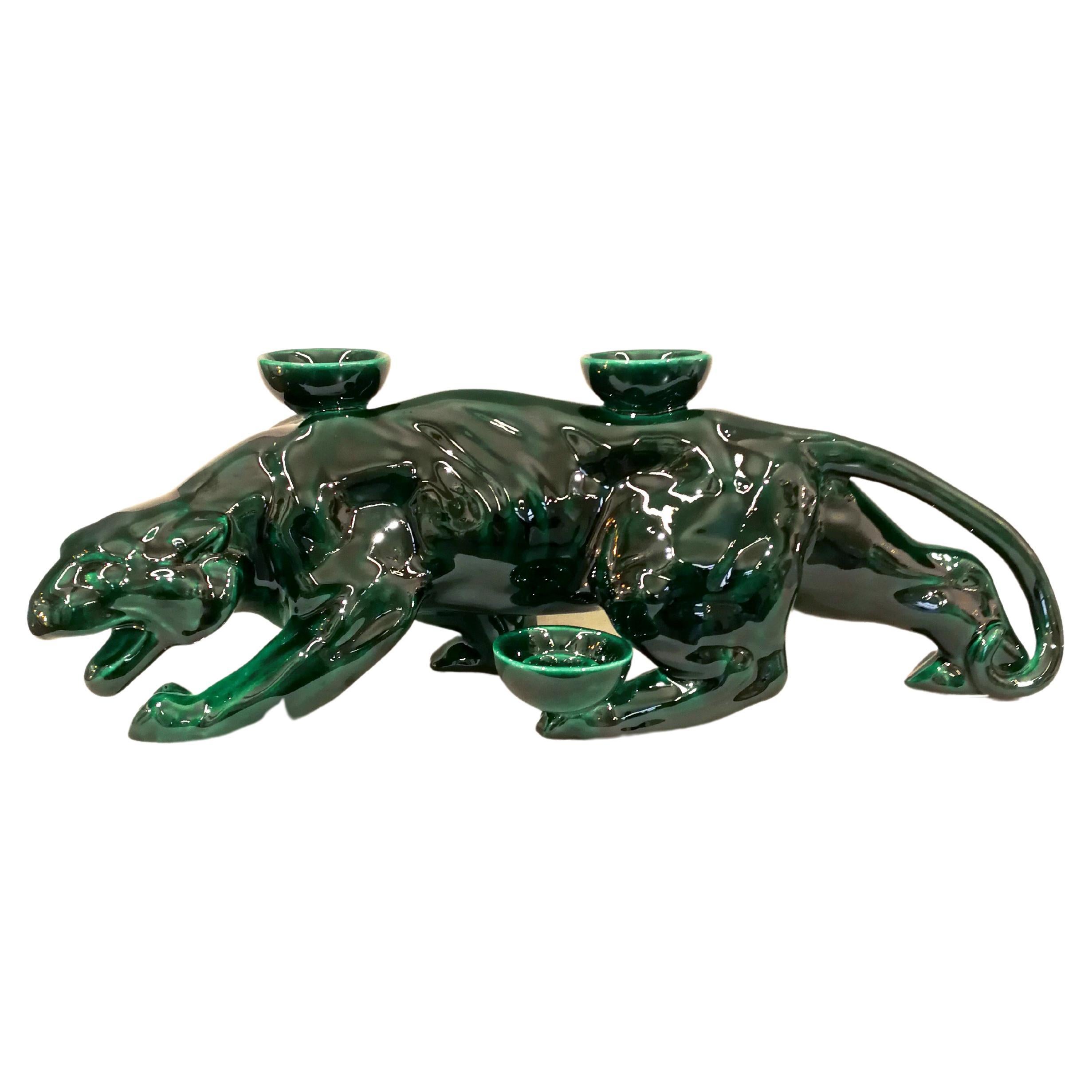 Modern Ceramica Gatti 1928 Ceramic Green Forest Panther Candle Holder For Sale