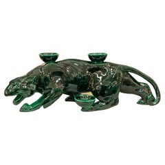 Modern Ceramica Gatti 1928 Ceramic Green Forest Panther Candle Holder