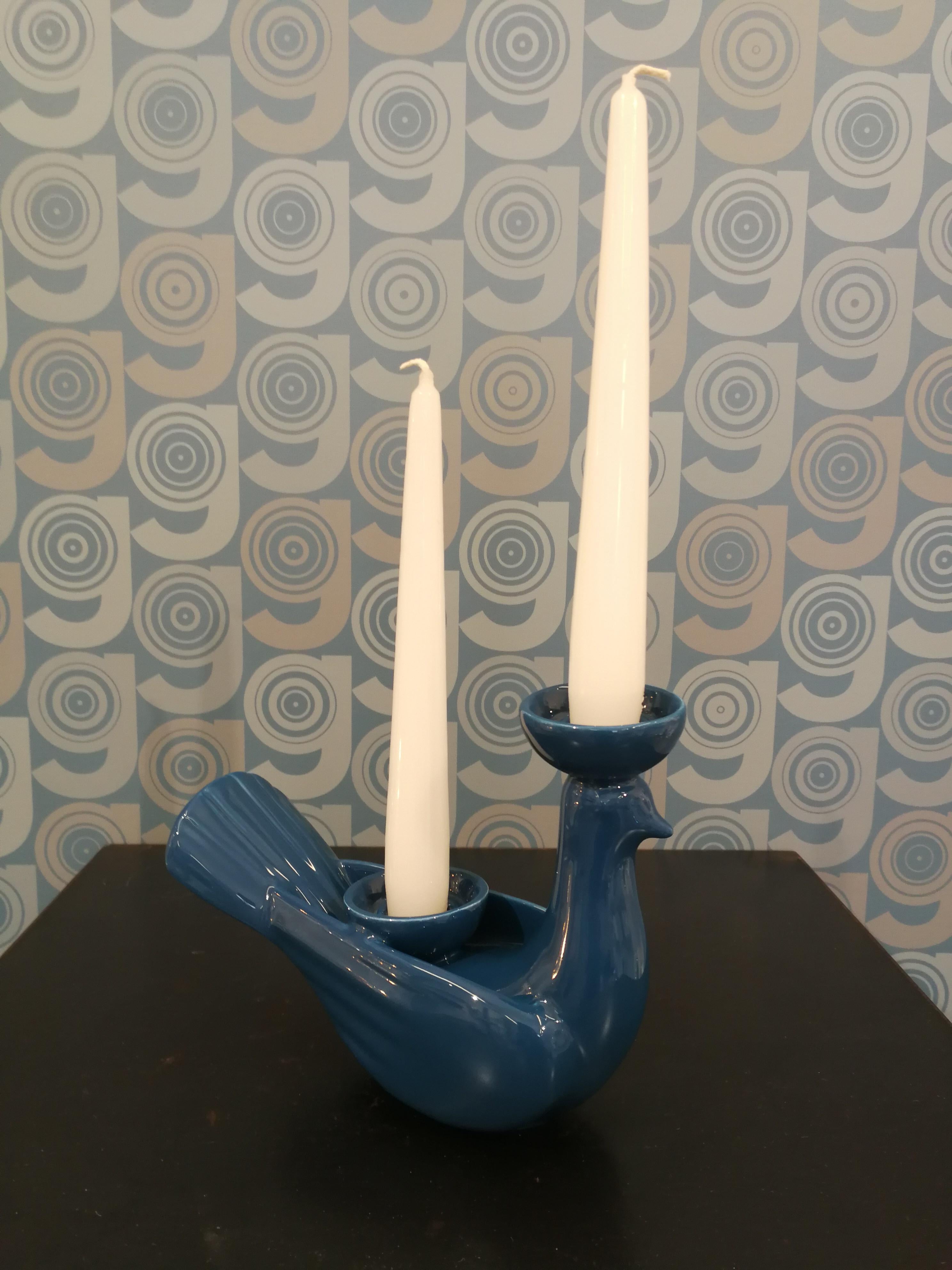Modern Ceramica Gatti 1928 Ceramic Large Dark Blue Navy Dove Candle Holder For Sale 1