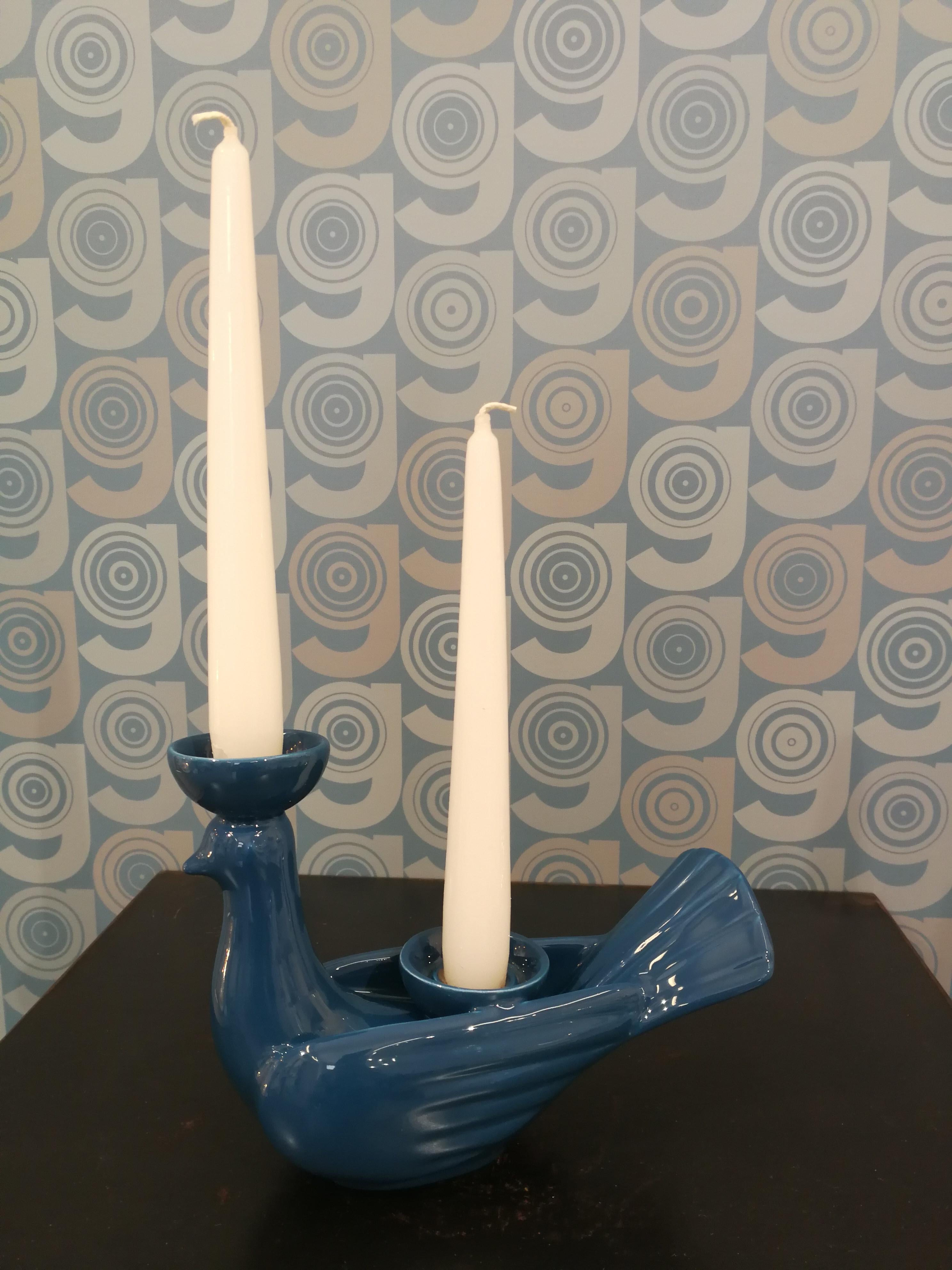 Modern Ceramica Gatti 1928 Ceramic Large Dark Blue Navy Dove Candle Holder For Sale 2