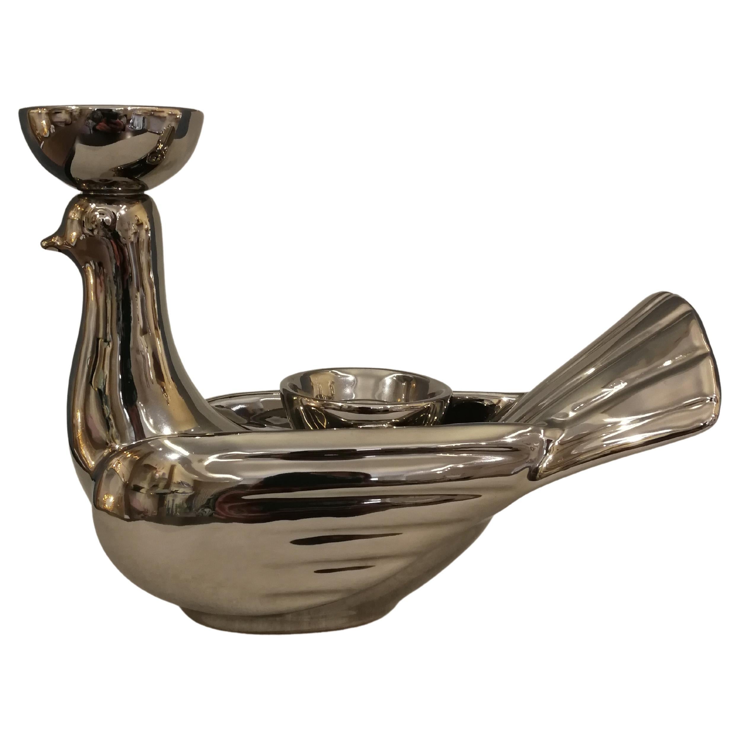 Grand bougeoir colombe en céramique moderne Gatti de 1928 en platine