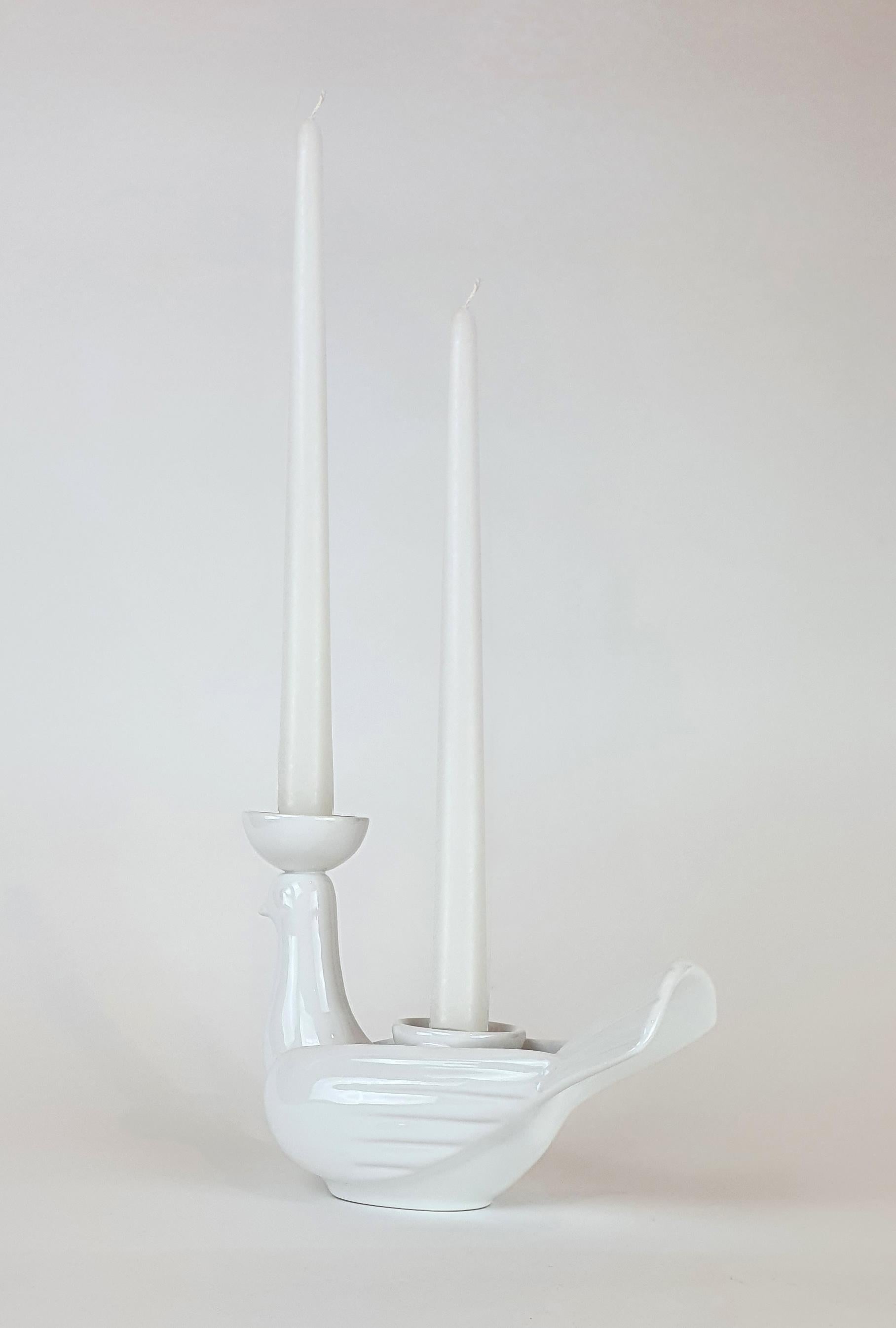Modern Ceramica Gatti 1928 Ceramic Large White Majolica Dove Candle Holder For Sale 4